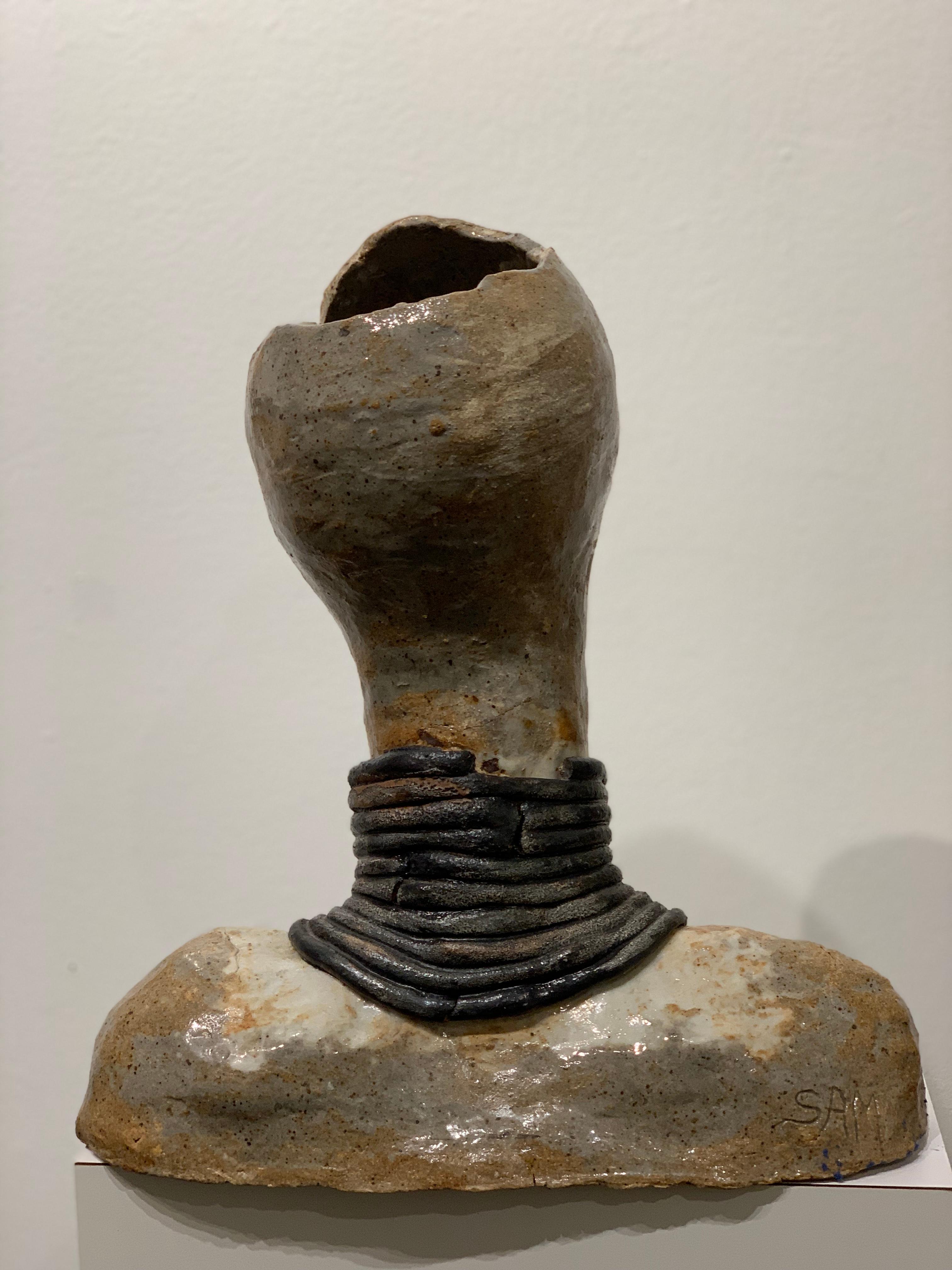 Tribal Clay Bust - Brown Figurative Sculpture by Shelly Moore