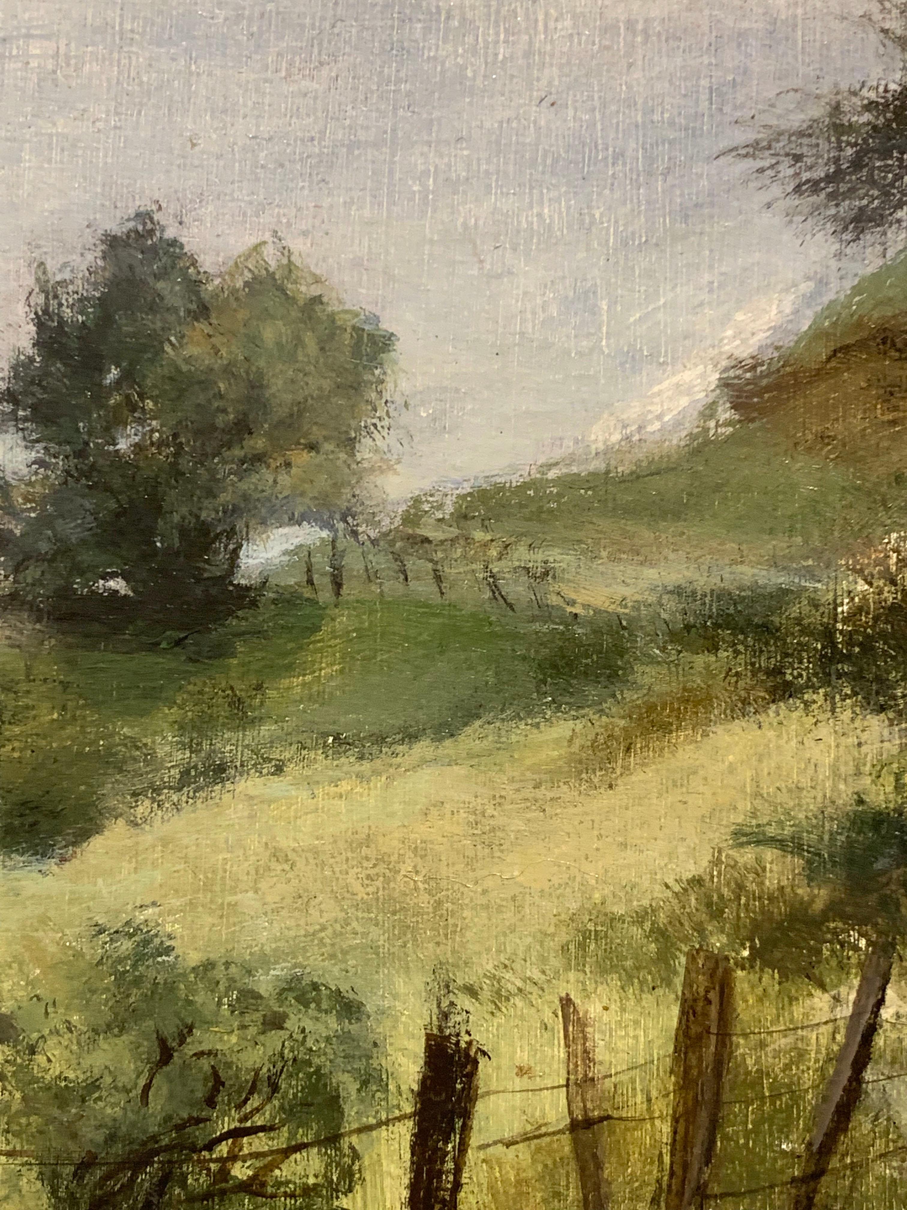 Paesaggio sereno di Ernest Goertzen. Acrilico su pannello. Firmato E. Goertzen in basso a destra. Non datato.