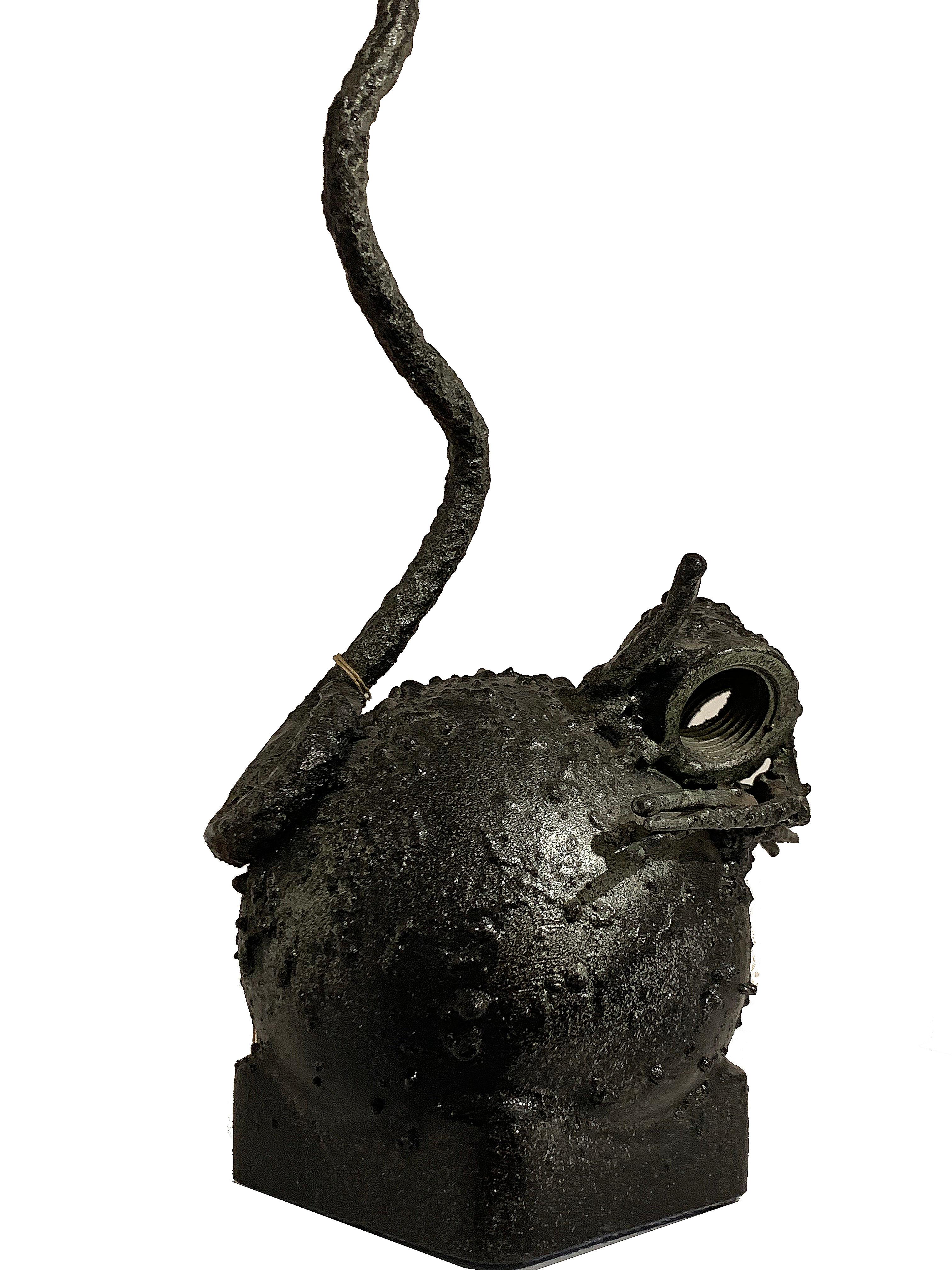 Brutalist metal cat, made of pipes and wire. The sculpture has a nice weight to it and shiny black finish.