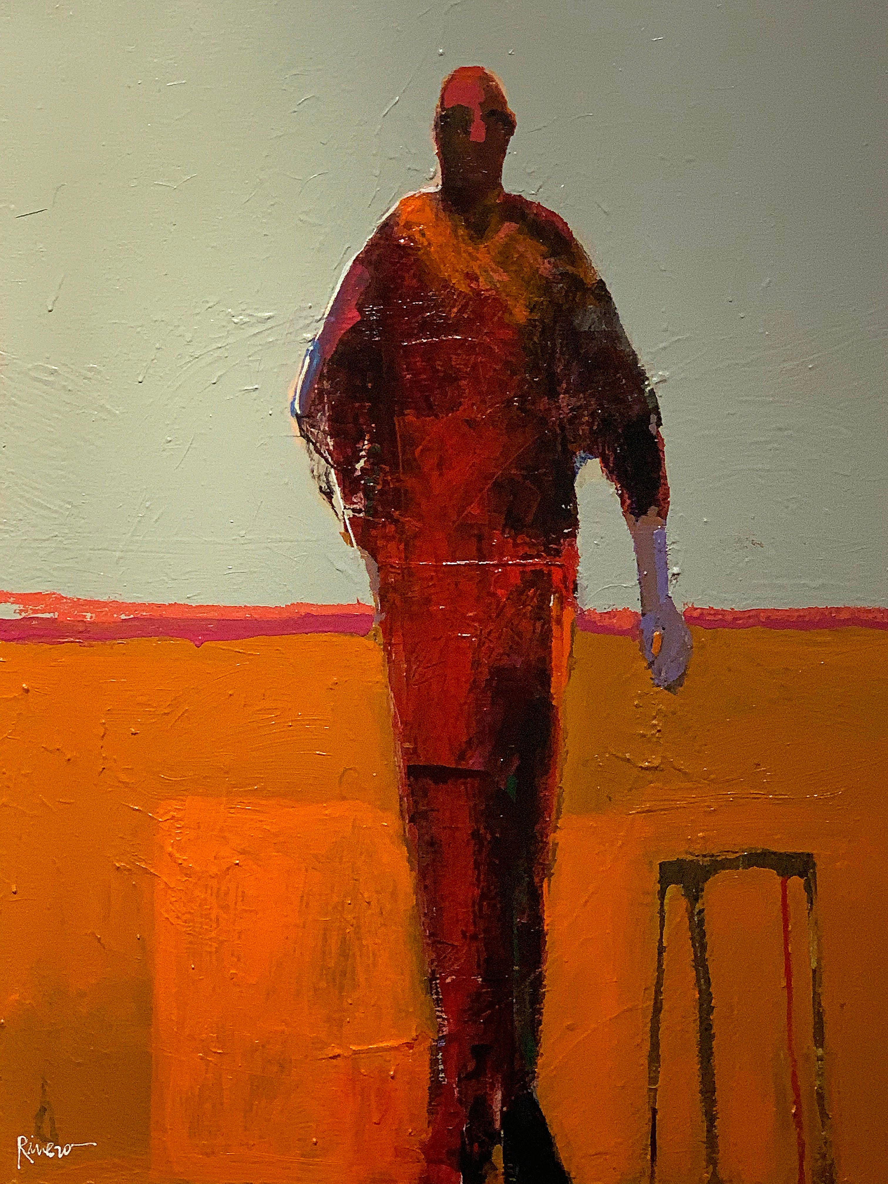 Personaje with Stool, standing figurative painting, orange and taupe