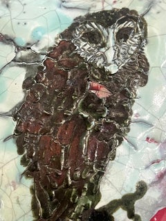 La reine hibou, raku de Chris Reilly. Sarcelle, rouge, Brown