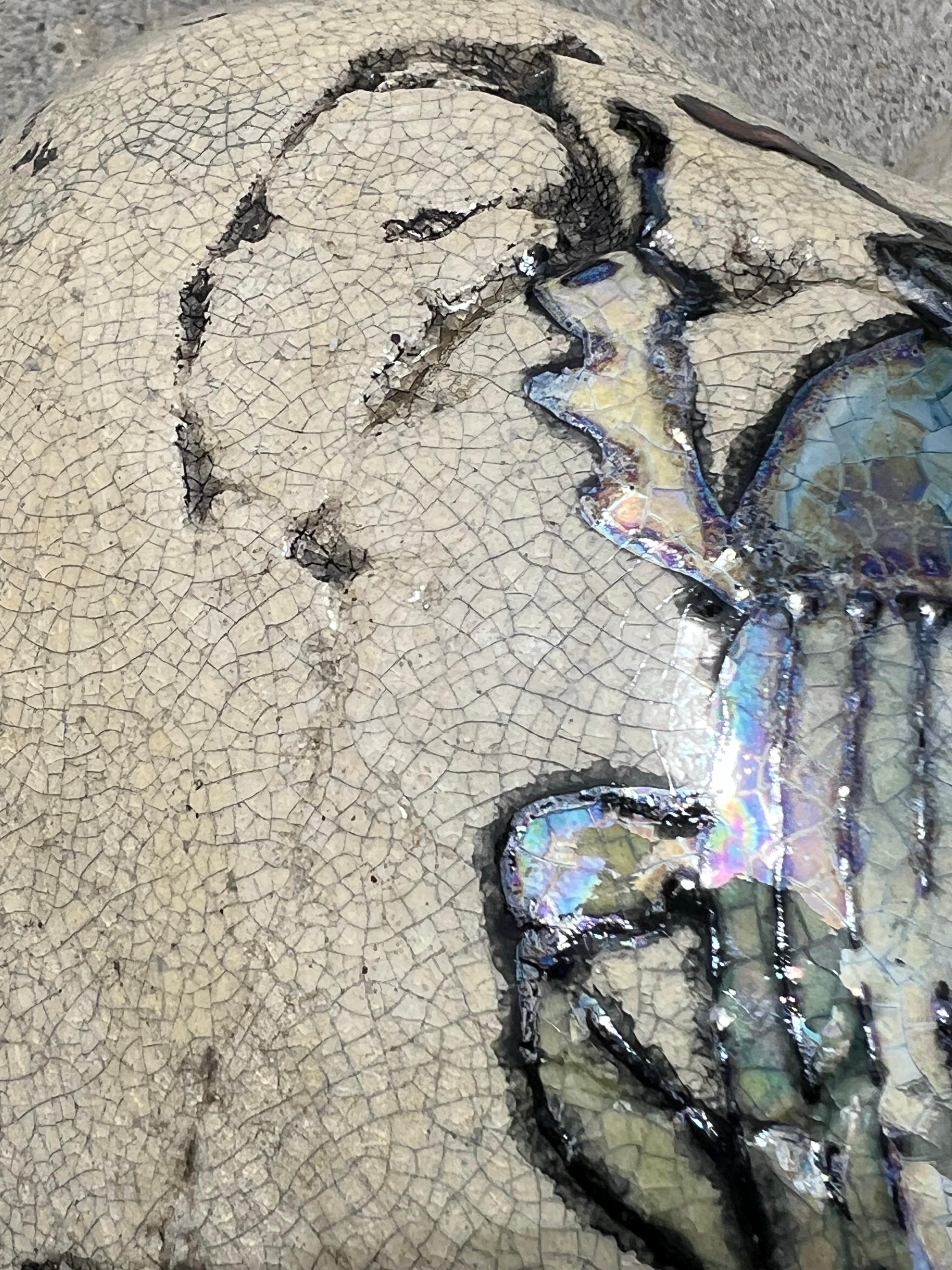 Scarab, signiert Raku heart des Künstlers Chris Reilly. Schillernd blau, grau, hellbraun im Angebot 2
