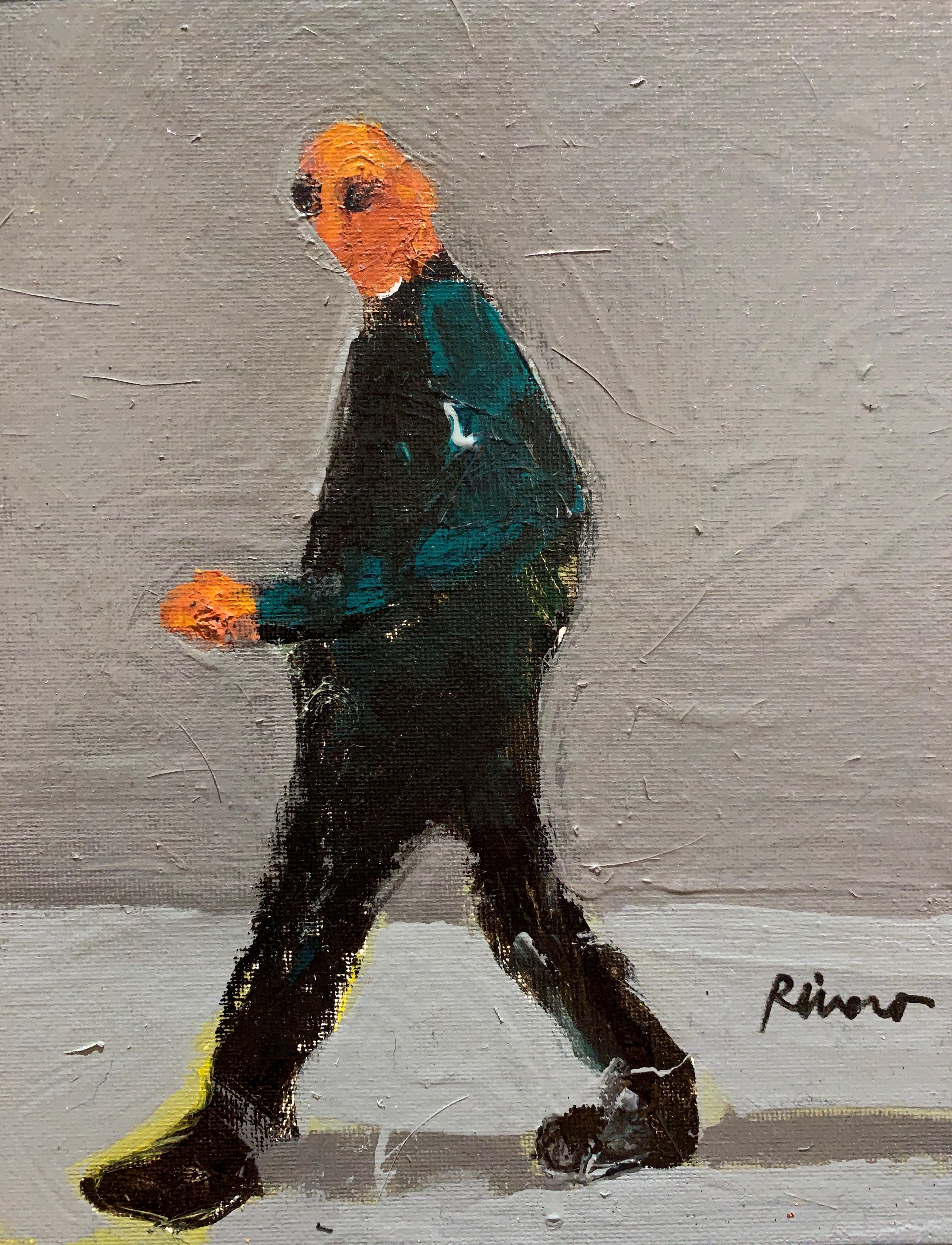 Mike Rivero  Figurative Painting - Untitled, Walking Figure on Gray