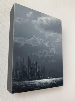 Cast Away From The Mainland, Ölgrau, weiß, schwarz, Stadt, Wolken und Wasserweg