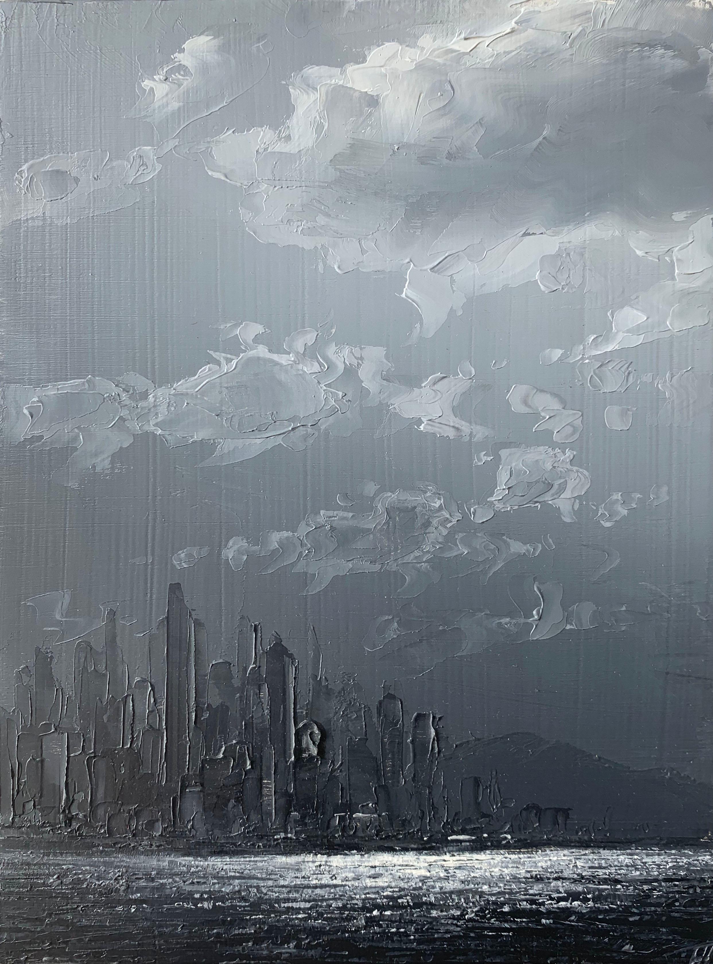 Cast Away From The Mainland, oil grey, white, black, city, clouds and waterway - Art by Todd Carpenter