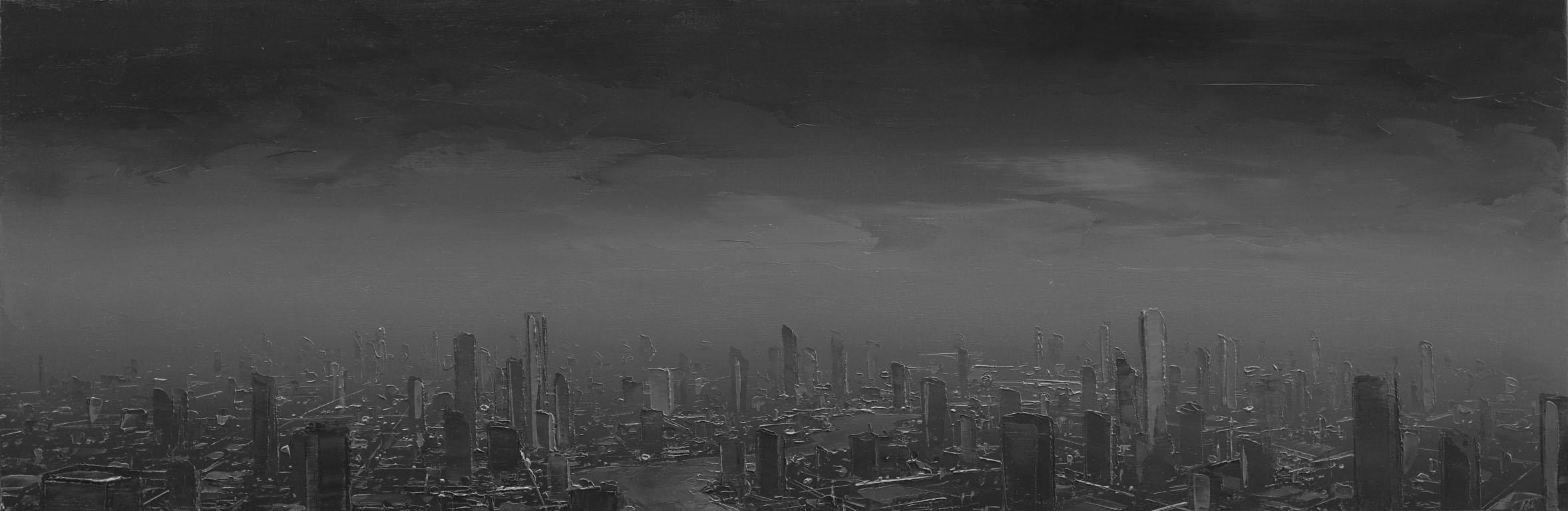 Perdido entre los detalles, óleo negro y gris del horizonte de una ciudad - Art de Todd Carpenter