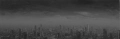 Lost Between The Details, black and grey oil painting of city skyline
