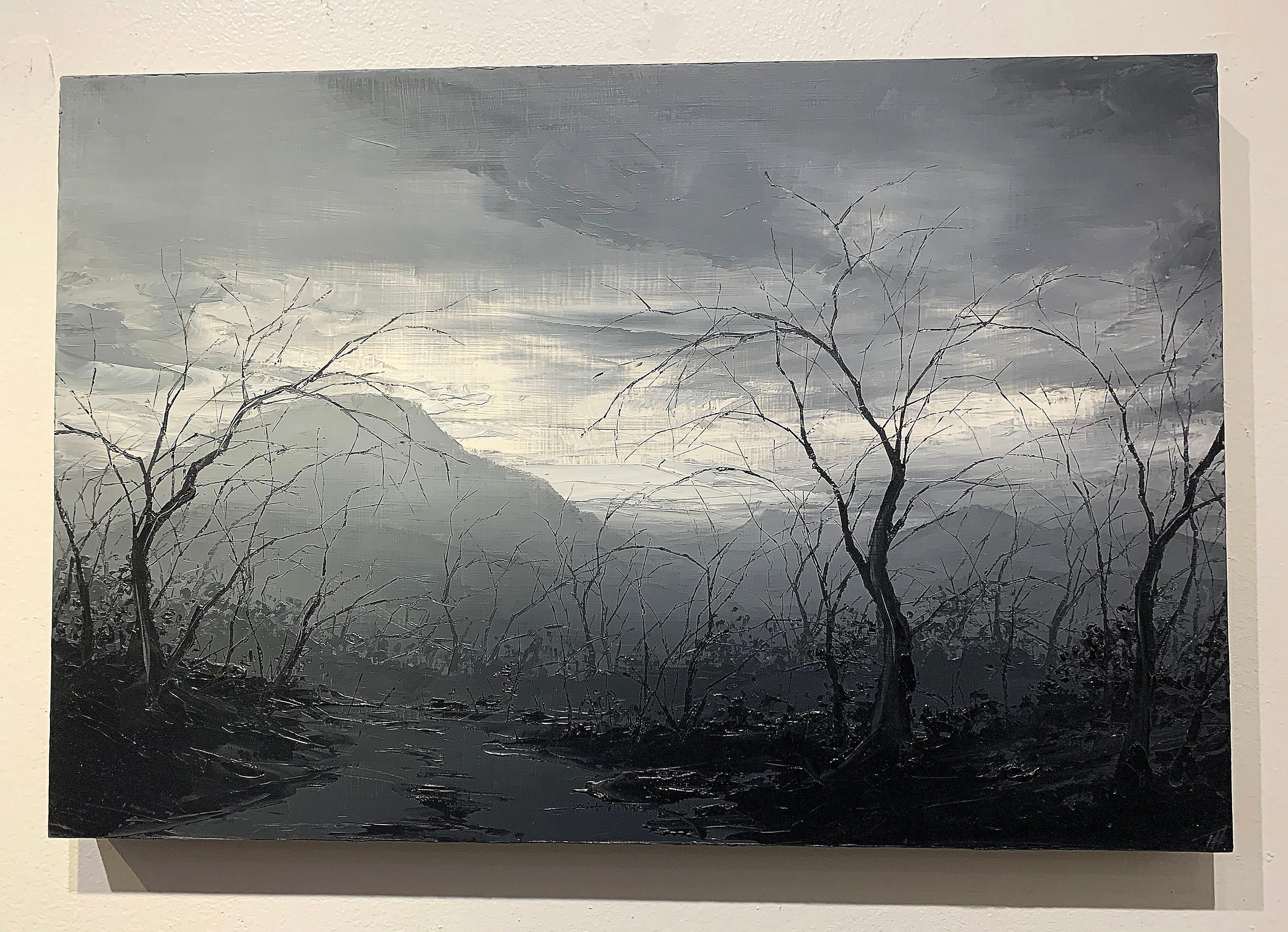 Descendiendo hacia el Ahora, pintura de paisaje al óleo gris - Art Contemporáneo de Todd Carpenter