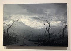 Descending Towards Now, oil grey landscape painting