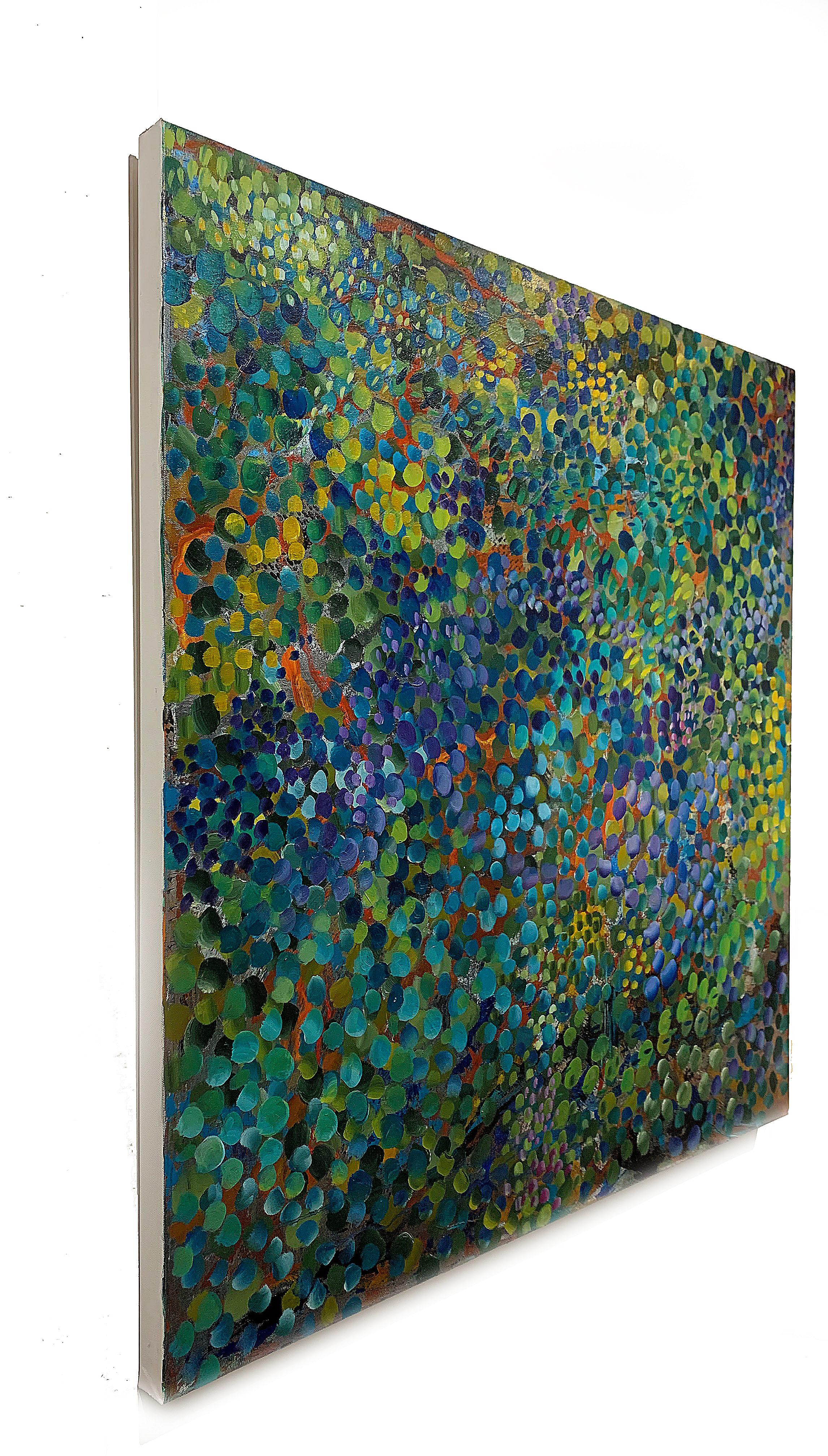 Untitled, large abstract, acrylic on canvas painting green, blue, green, orange  - Black Abstract Painting by Kathleen Kane-Murrell