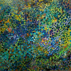 Sans titre:: grande peinture abstraite à l'acrylique sur toile verte:: bleue:: verte:: orange