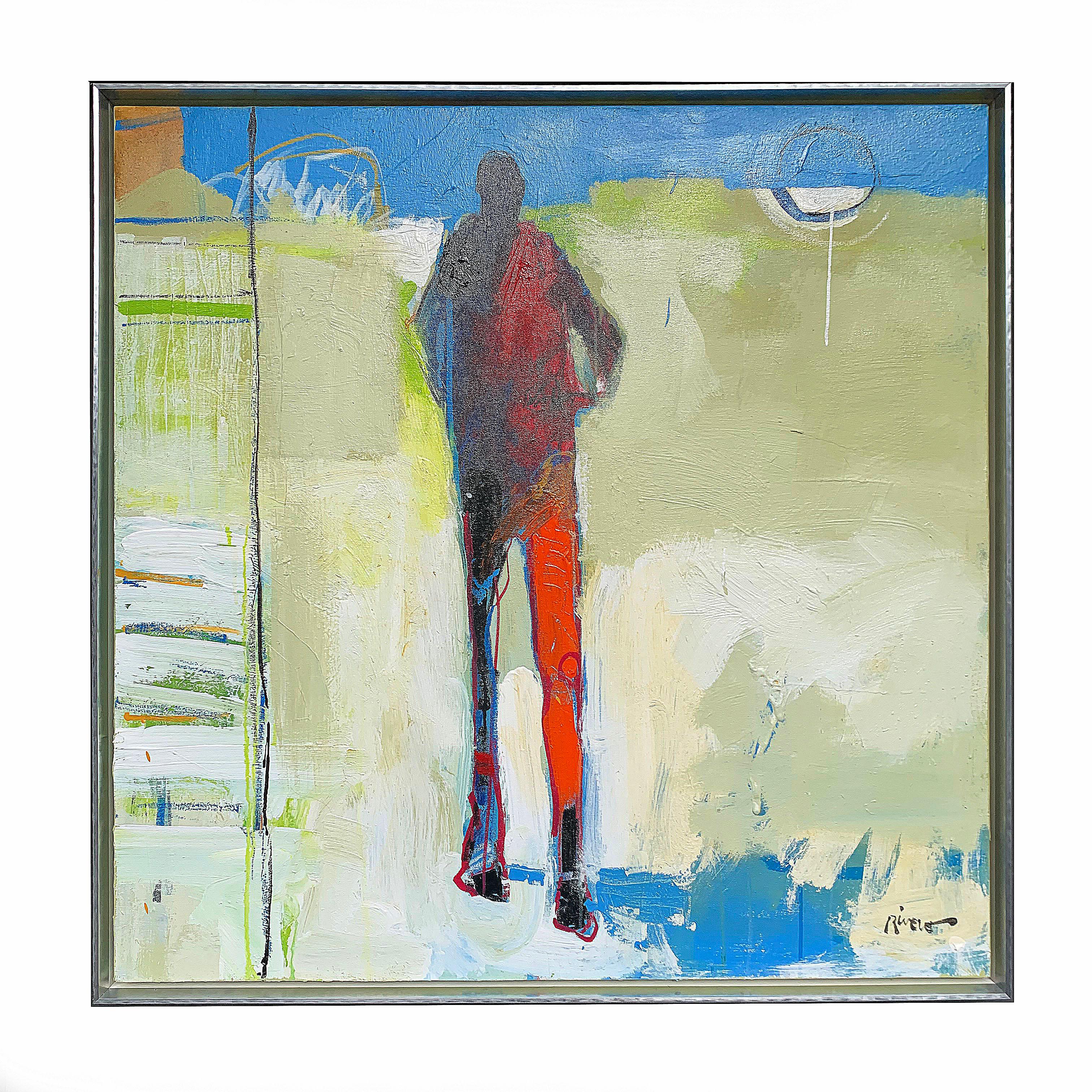 Personaje, acrylic tall figurative on light background, sun at right - Painting by Mike Rivero