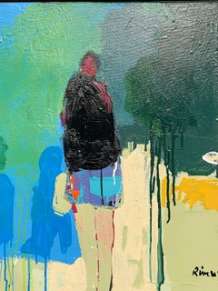 Figura II, acrylic standing figurative facing right, green walking in park