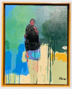 Figura II, acrylic standing figurative facing right, green walking in park