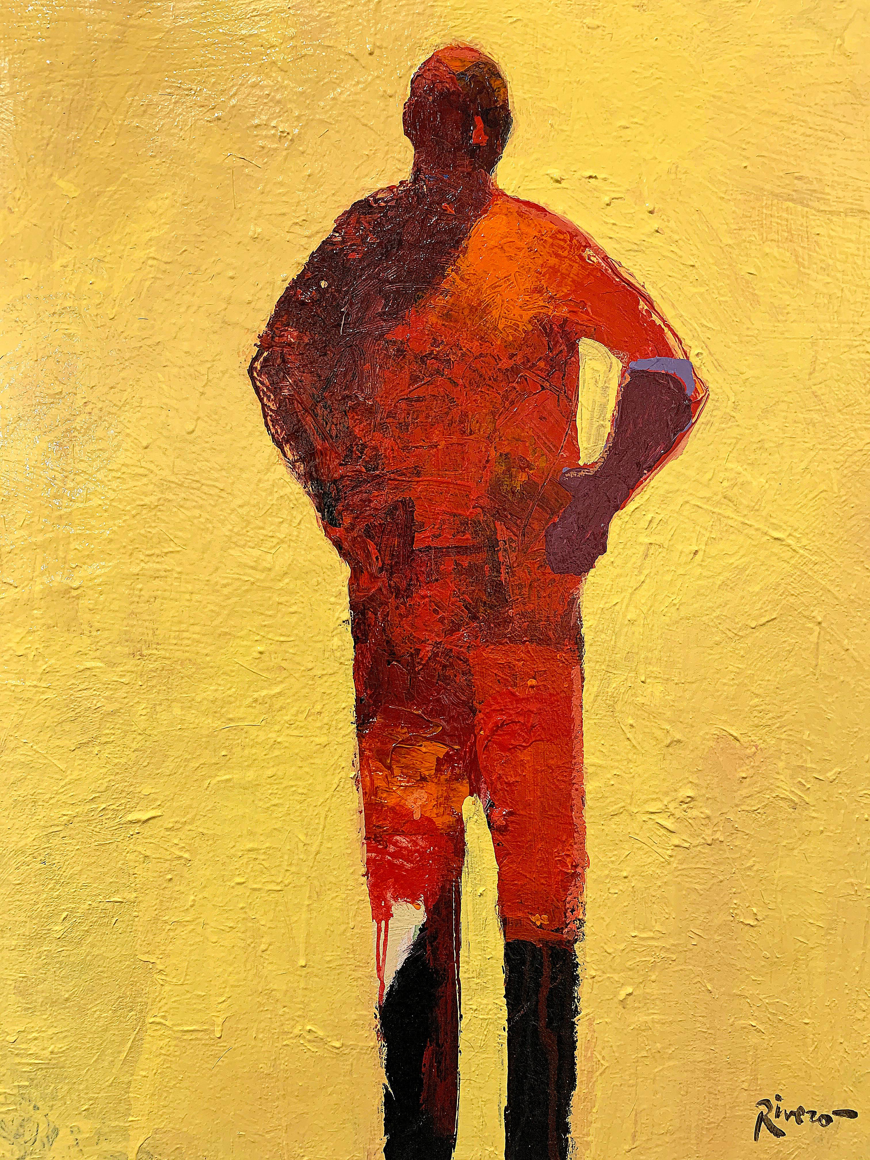 Personaje con sgabello, quadro figurativo in piedi, arancione e tortora in vendita 4