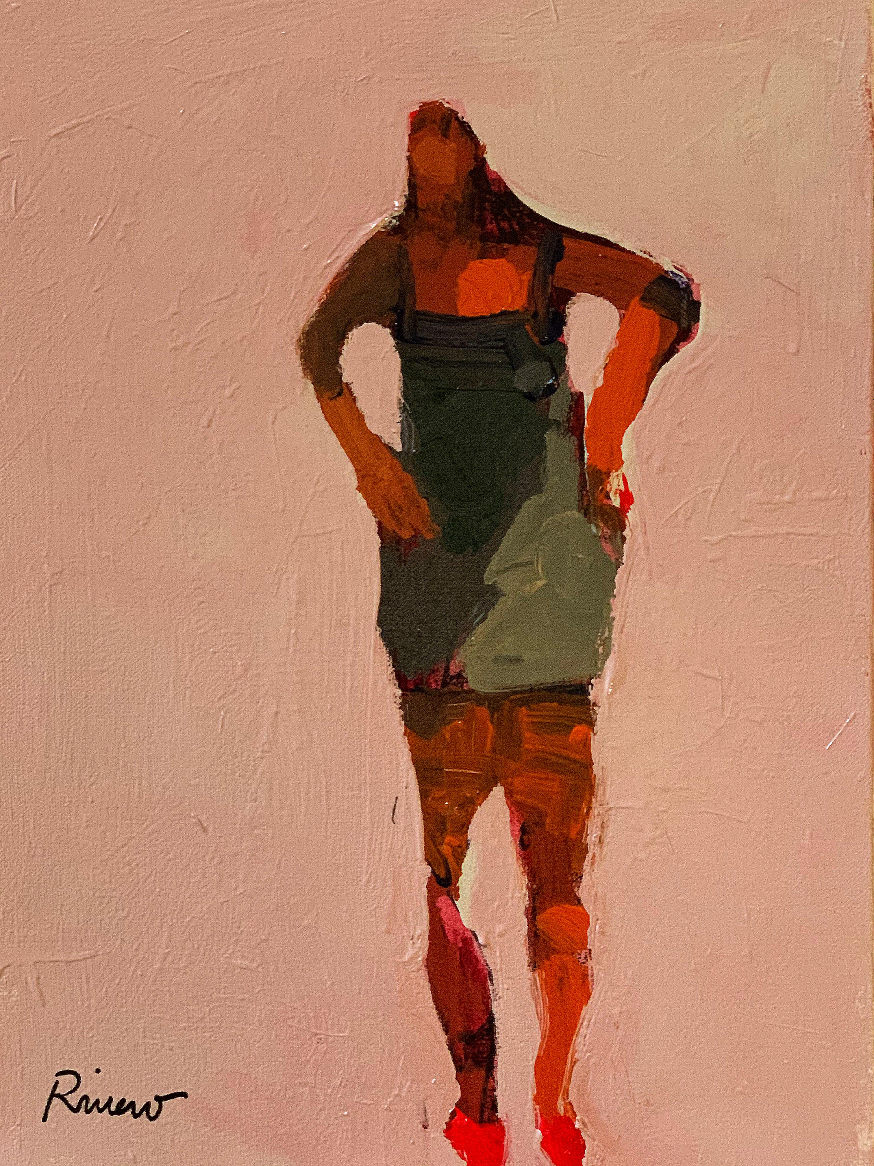 Personaje with Stool, standing figurative painting, orange and taupe For Sale 2