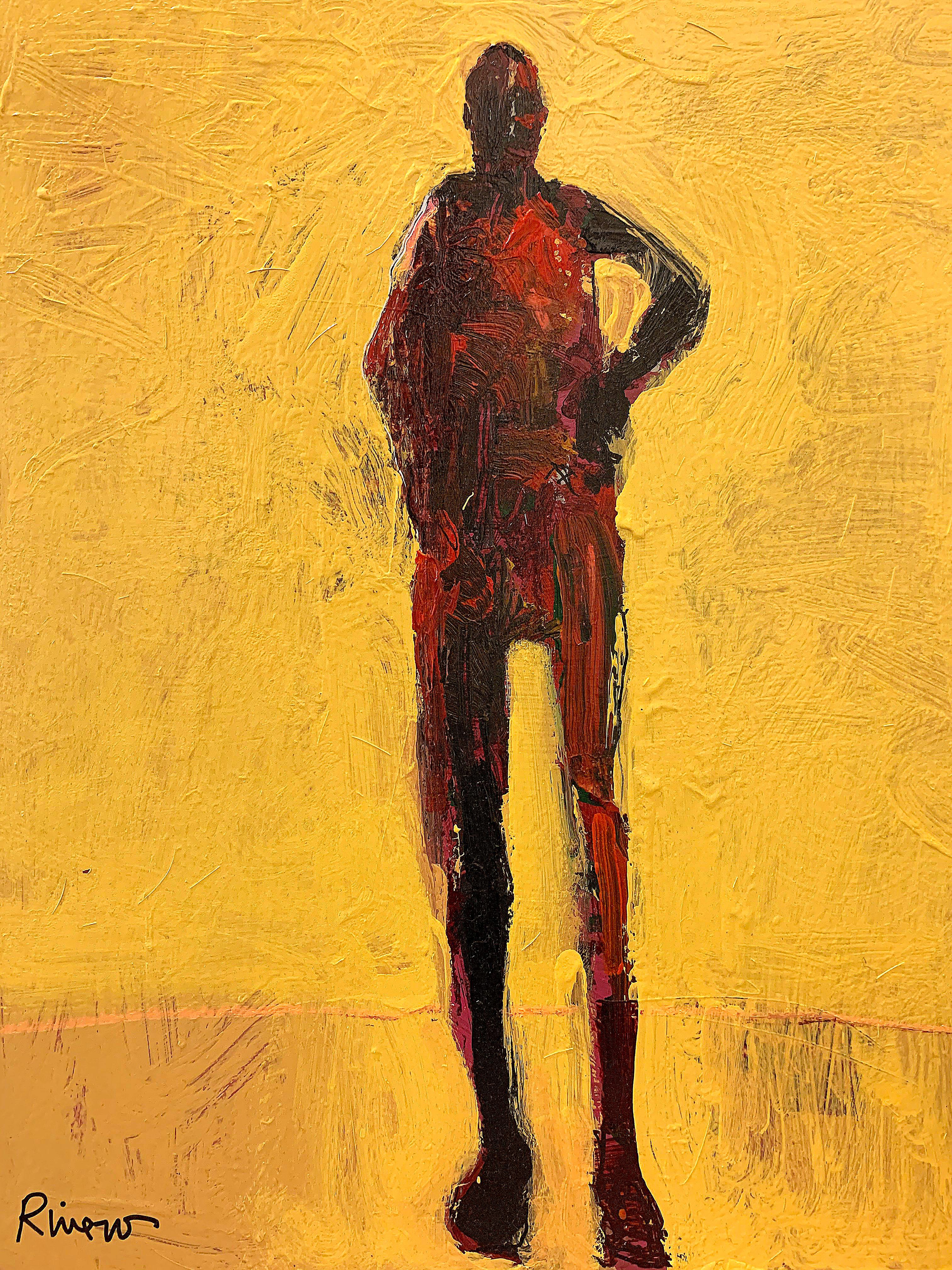 Personaje with Stool, standing figurative painting, orange and taupe For Sale 4