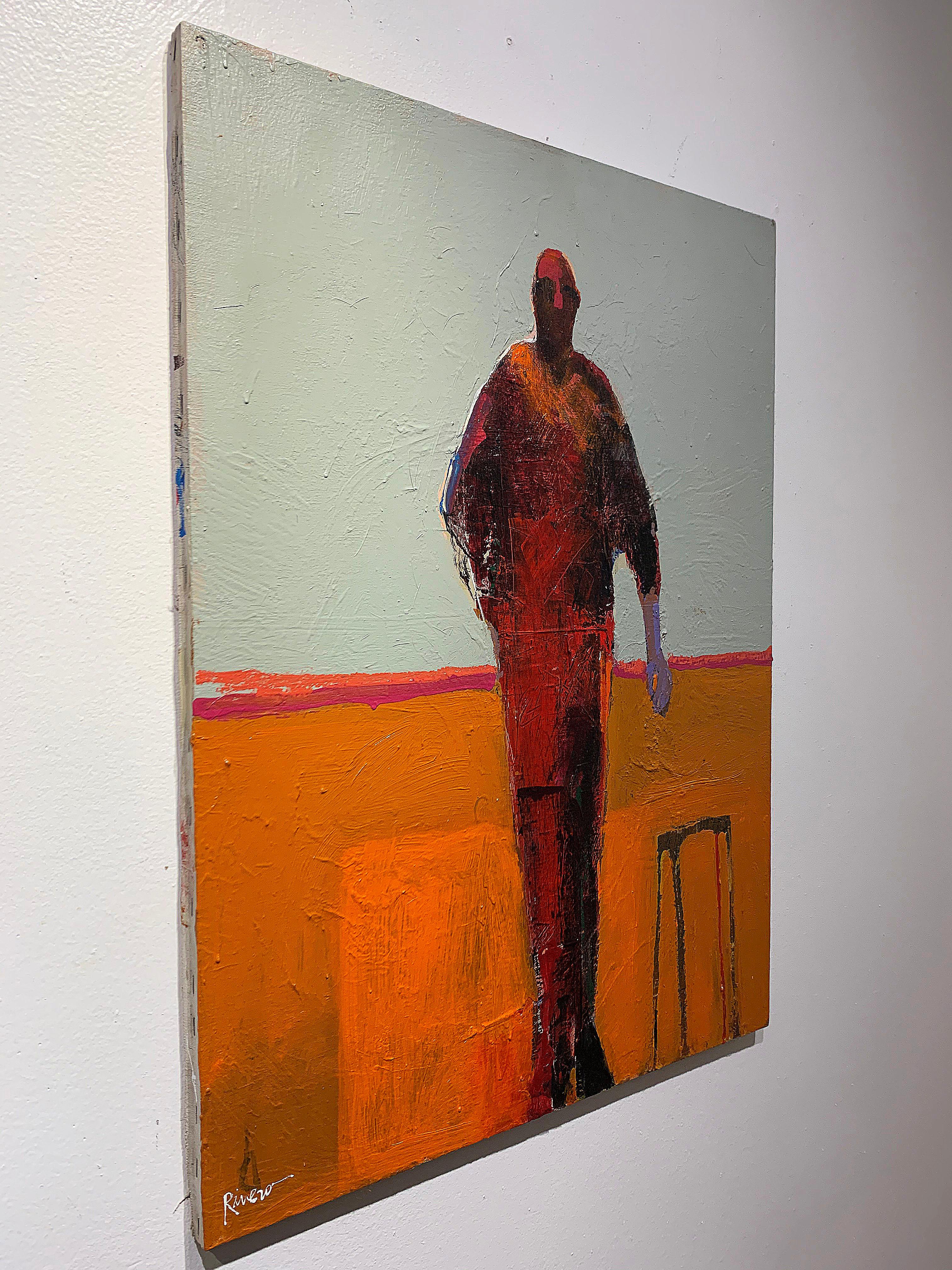 Personaje with Stool, standing figurative painting, orange and taupe - Contemporary Painting by Mike Rivero 