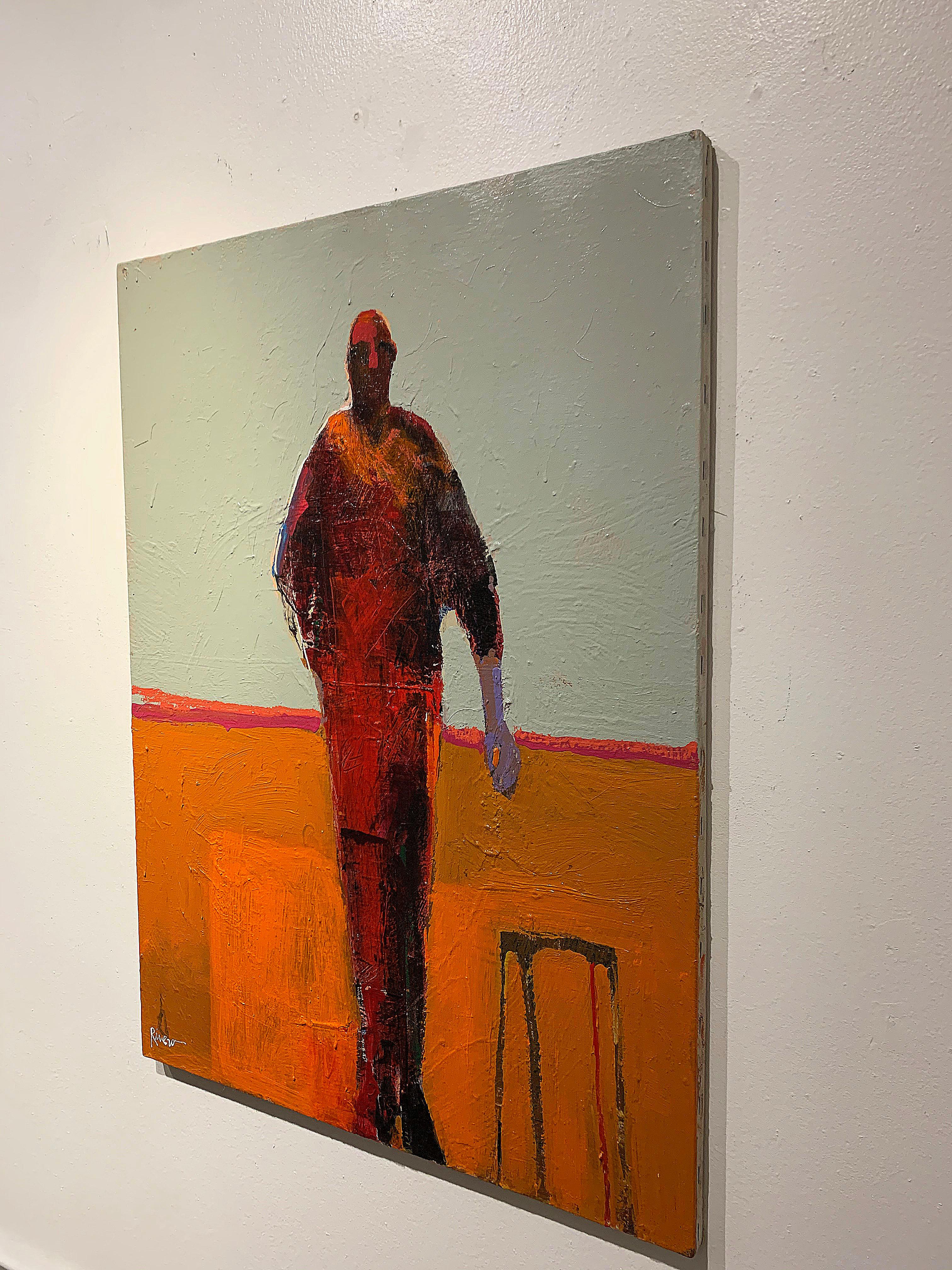Personaje with Stool, standing figurative painting, orange and taupe - Orange Figurative Painting by Mike Rivero 