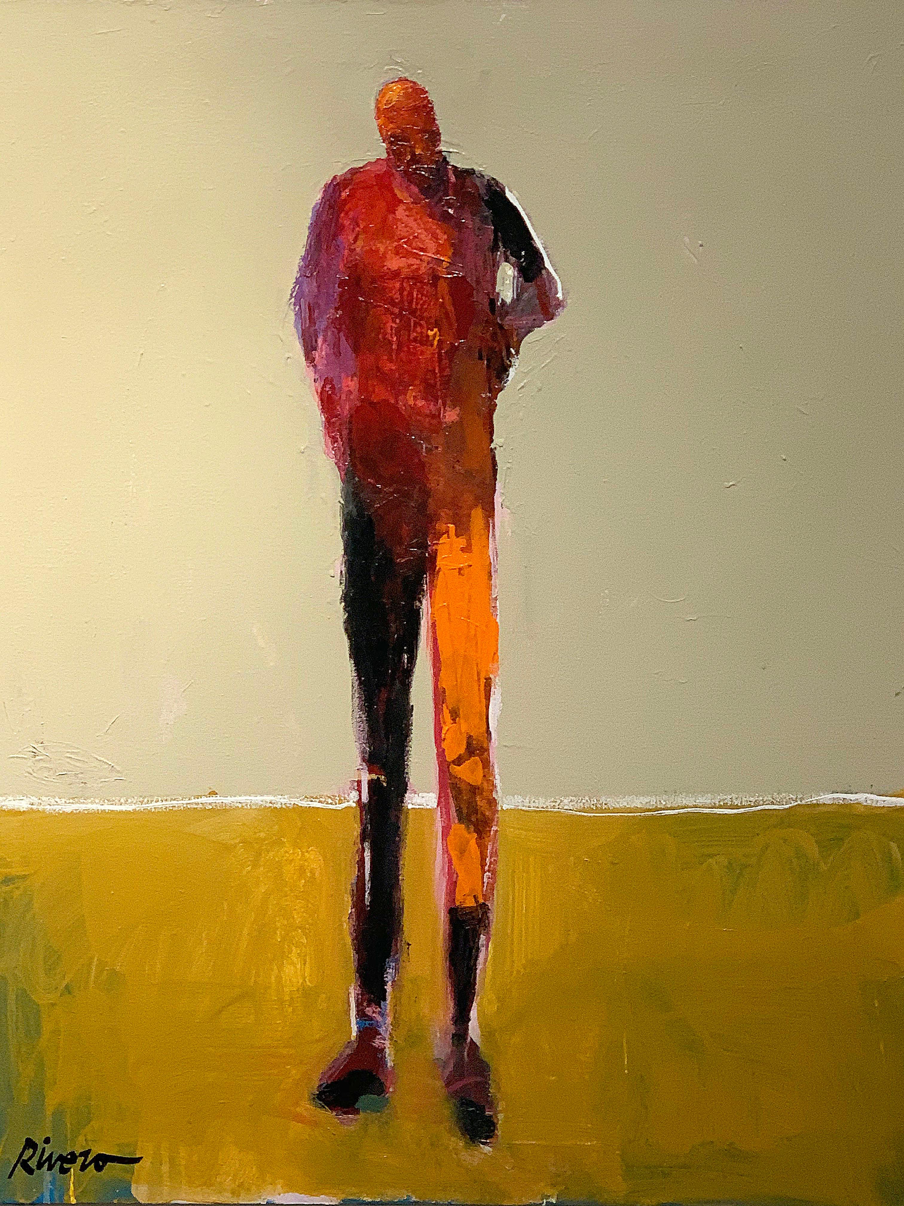 Personaje Alfredo, yellow and red acrylic figurative painting forward facing  - Brown Figurative Painting by Mike Rivero 