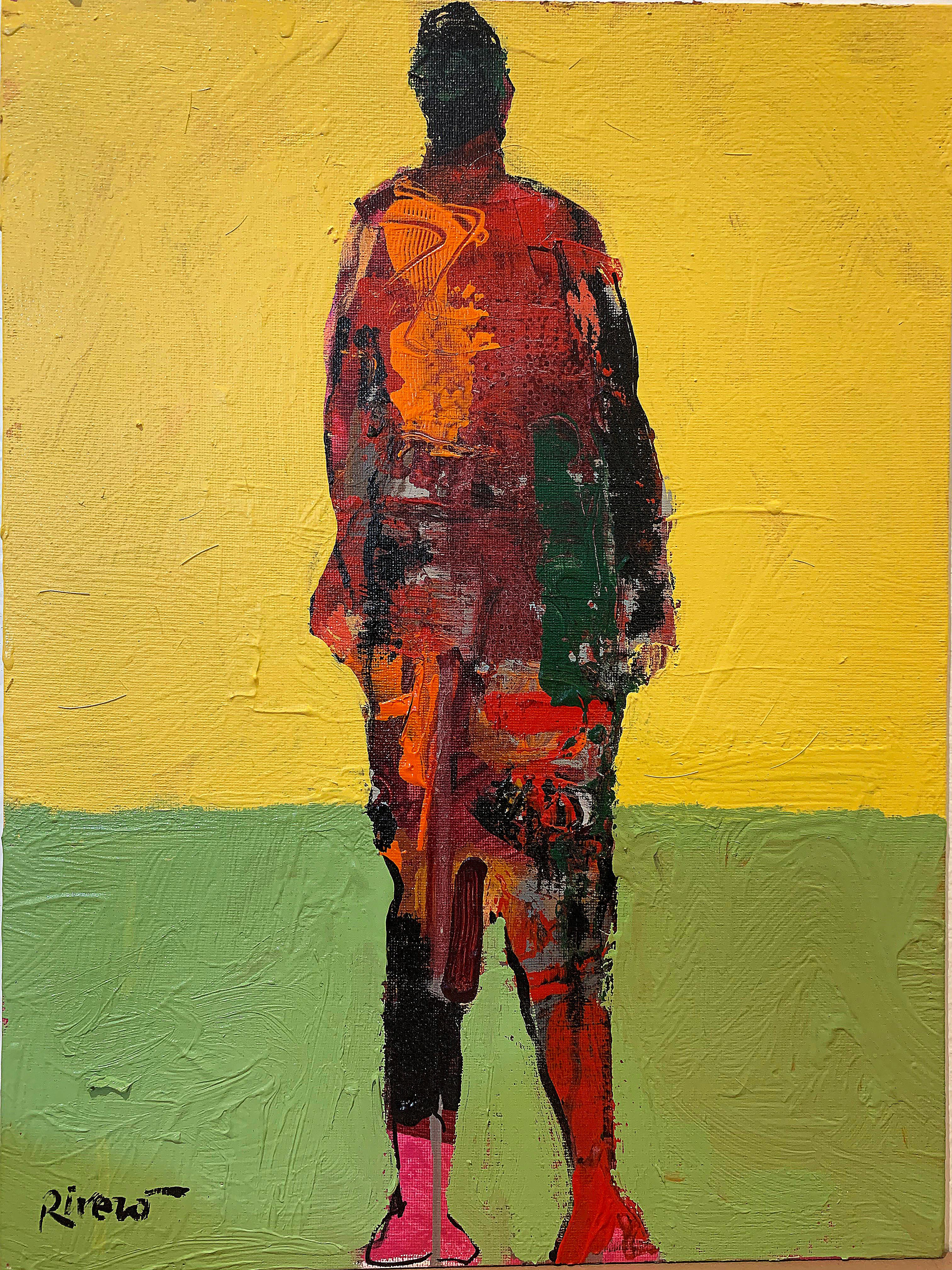 Personaje Alfredo, yellow and red acrylic figurative painting forward facing 
