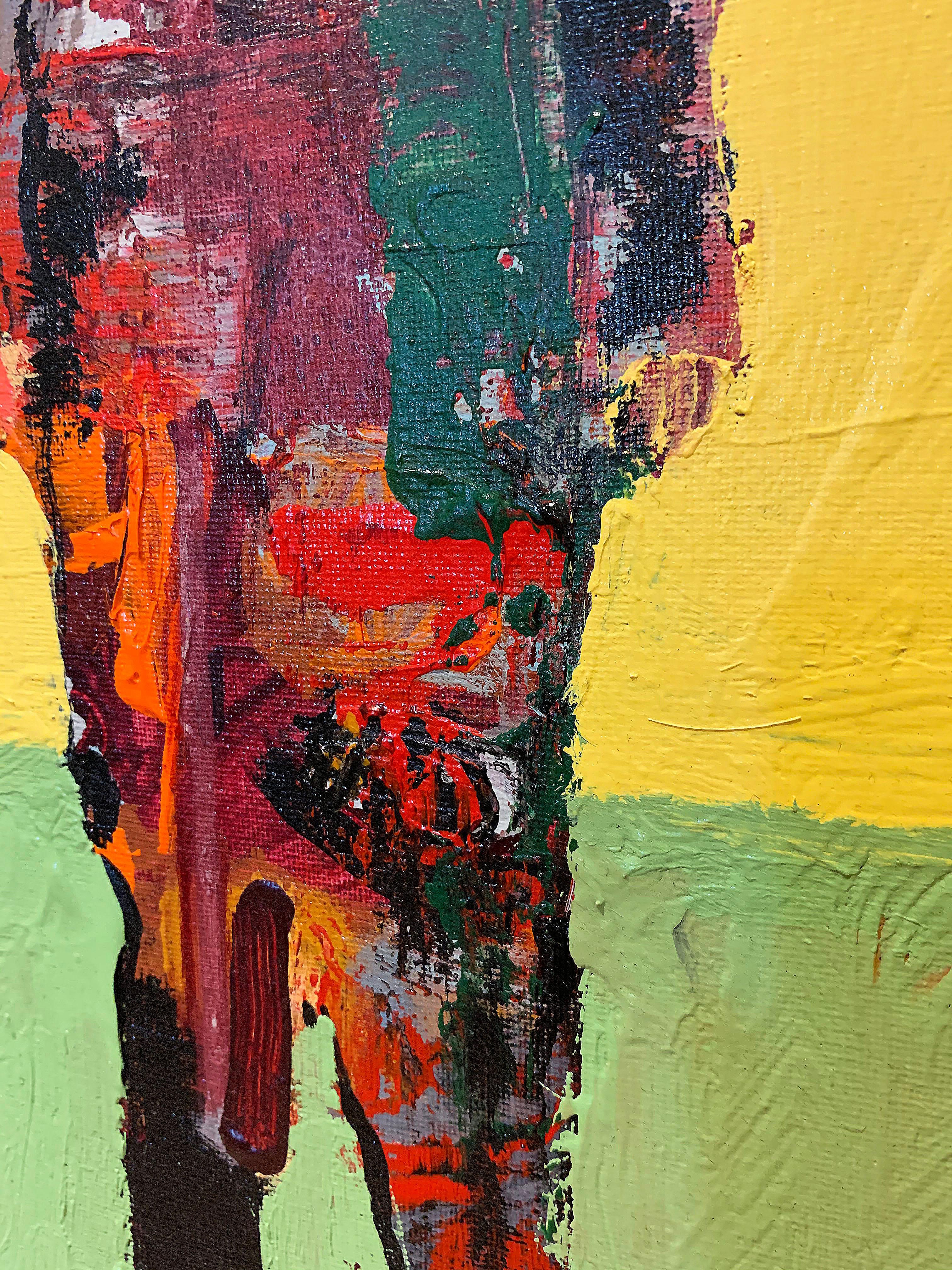 Personaje Alfredo, dipinto figurativo in acrilico giallo e rosso rivolto in avanti - Painting di Mike Rivero 
