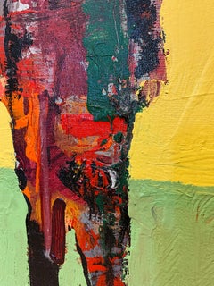 Personaje Alfredo, yellow and red acrylic figurative painting forward facing