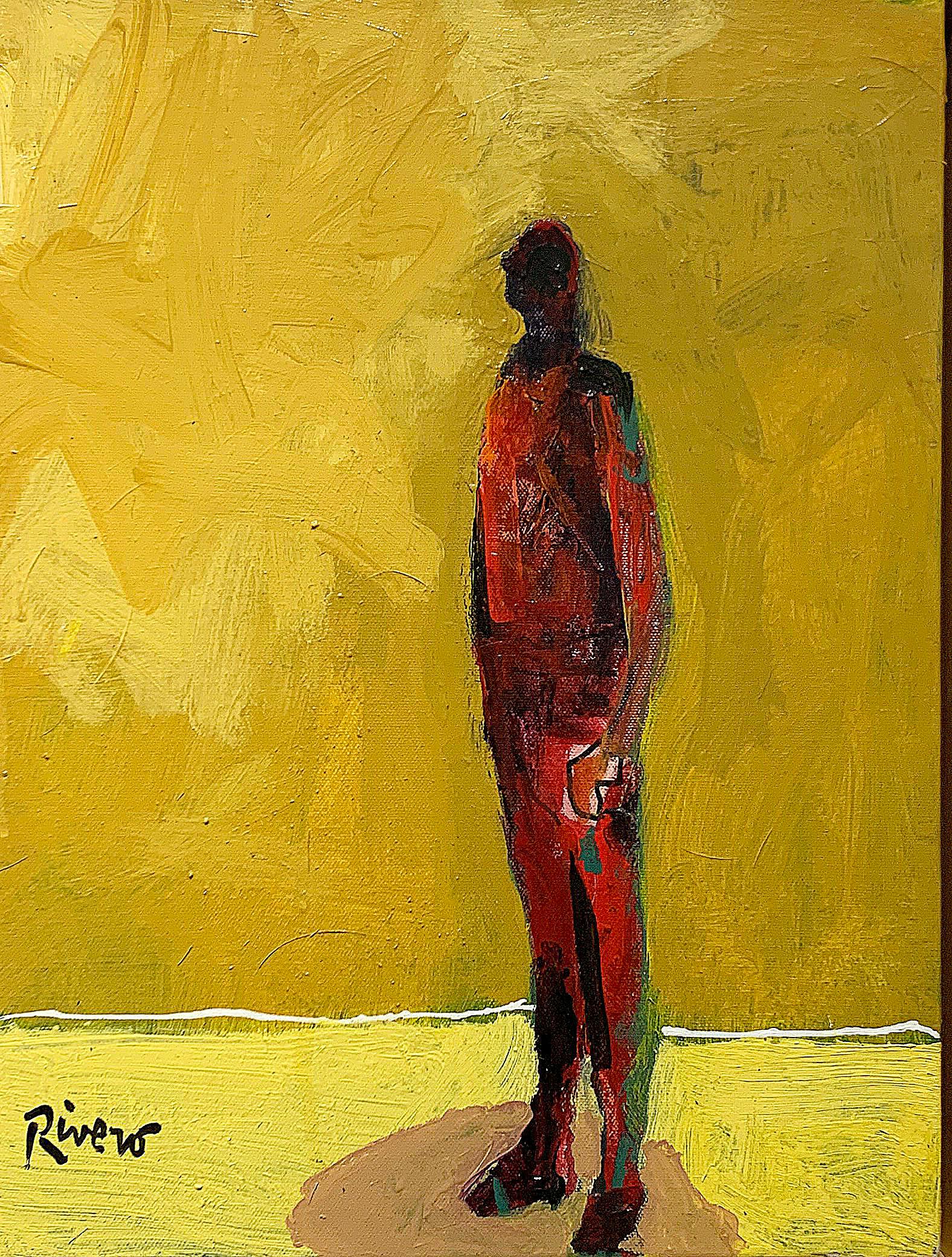 Mike Rivero  Figurative Painting - Personaje, figurative acrylic painting of man standing facing left