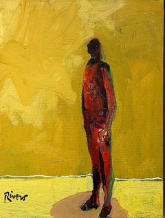 Personaje, figurative acrylic painting of man standing facing left