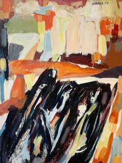 The Plaza, oil on canvas abstract painting, orange brown, blue, burgundy