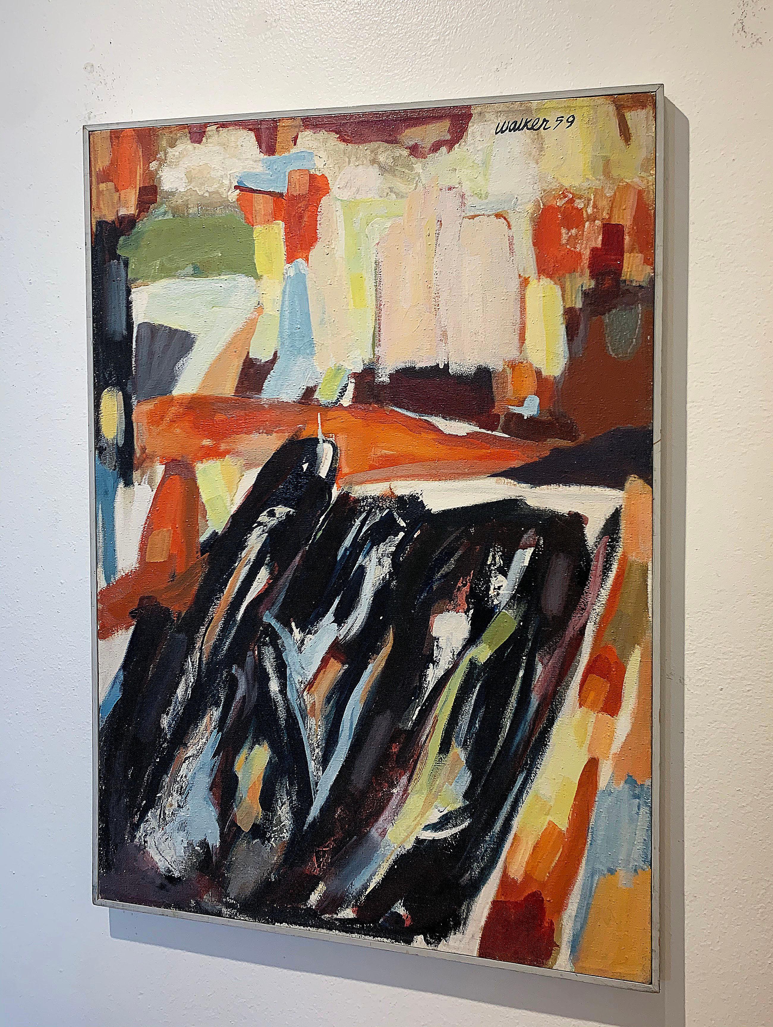 The Plaza, oil on canvas abstract painting, orange brown, blue, burgundy 3
