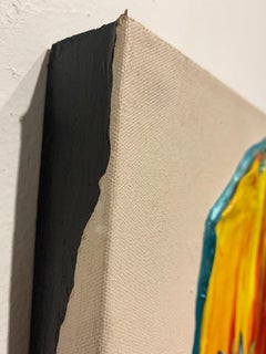 Ohne Titel, Acryl auf Leinwand, blaue Blumen, Textur, rot, blau, gelb