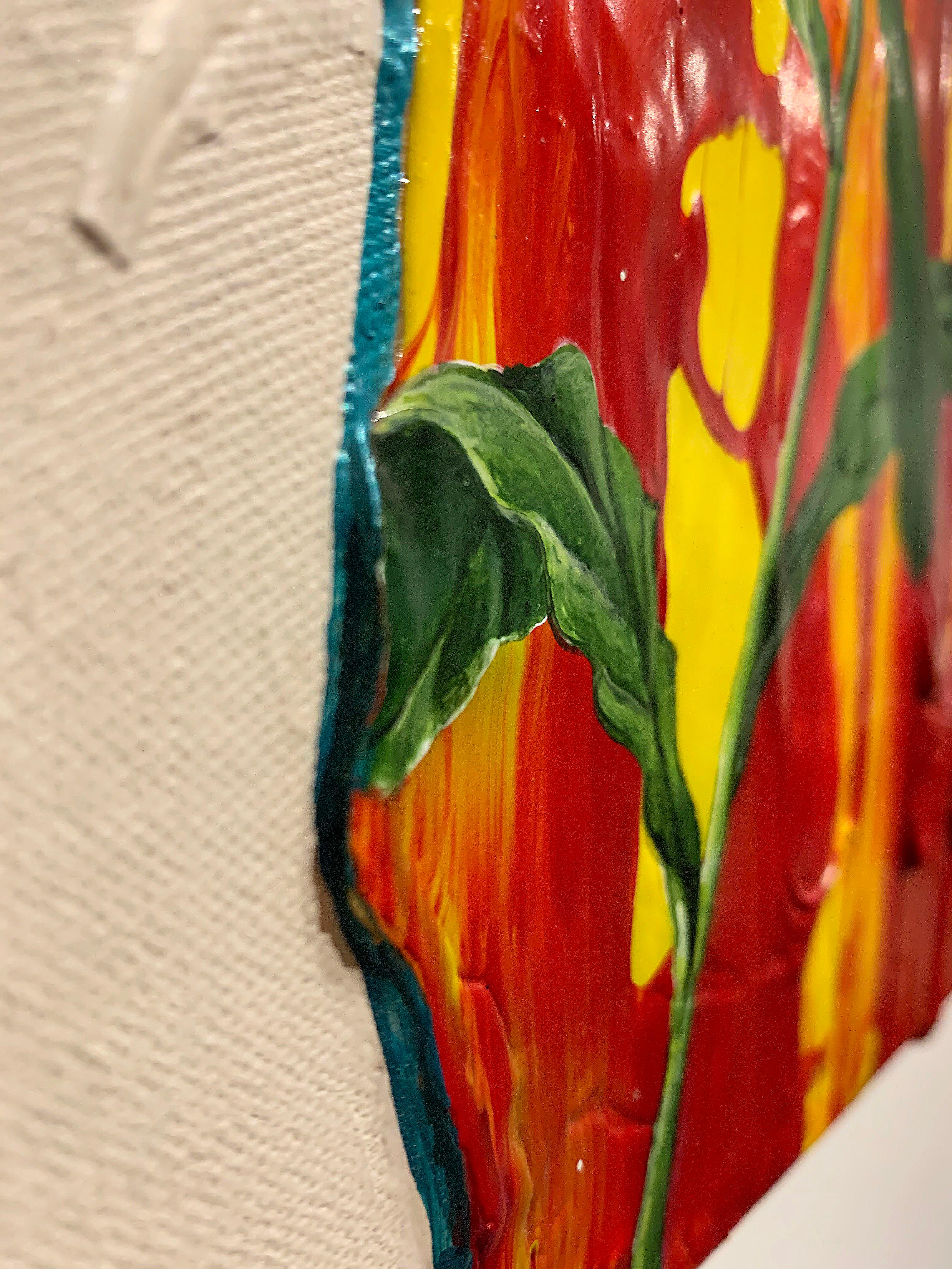Sin título, acrílico sobre lienzo y tabla pintura del artista  Ben Darby. Esta obra de arte es de color blanco hueso en el perímetro, con un centro de rayas abstractas amarillas, naranjas, rojas y azules. A la izquierda hay una enredadera de gloria