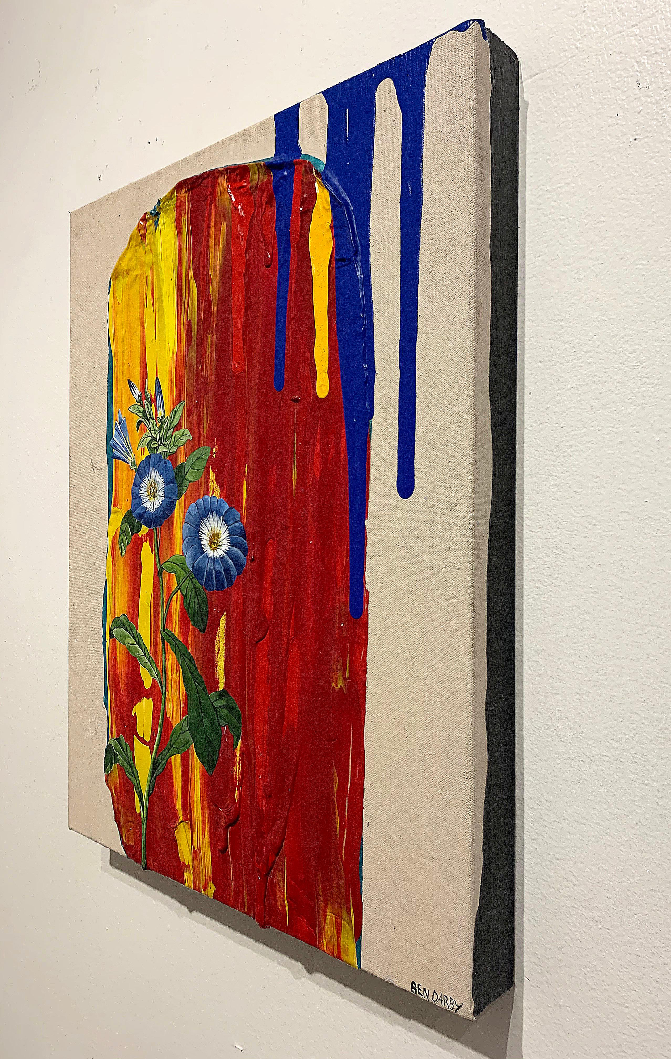 Untitled, acrylic on canvas, blue flowers, texture, red, blue, yellow - Contemporary Painting by Ben Darby