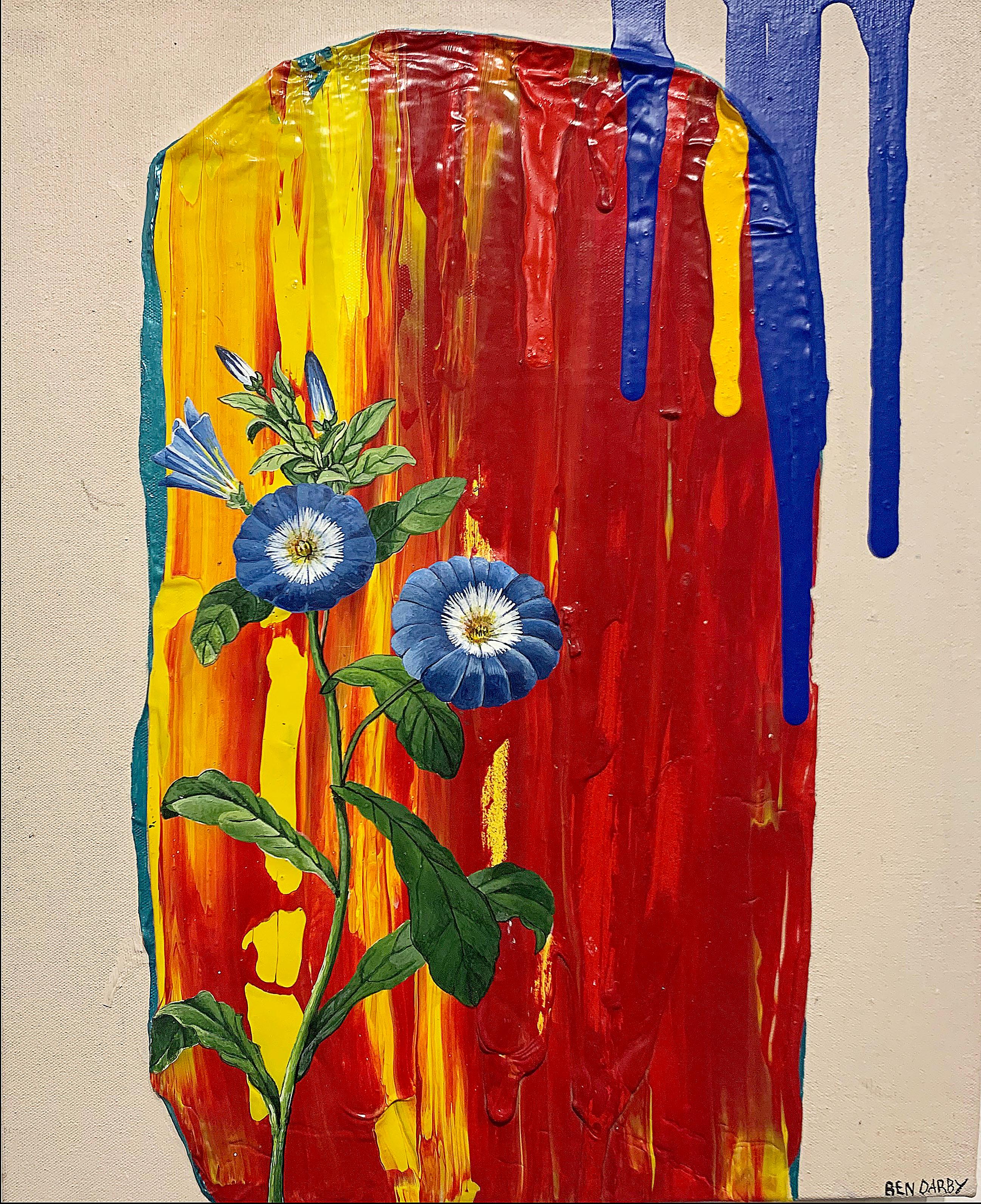 Ben Darby Abstract Painting - Untitled, acrylic on canvas, blue flowers, texture, red, blue, yellow