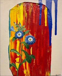 Sans titre, acrylique sur toile, fleurs bleues, texture, rouge, bleu, jaune