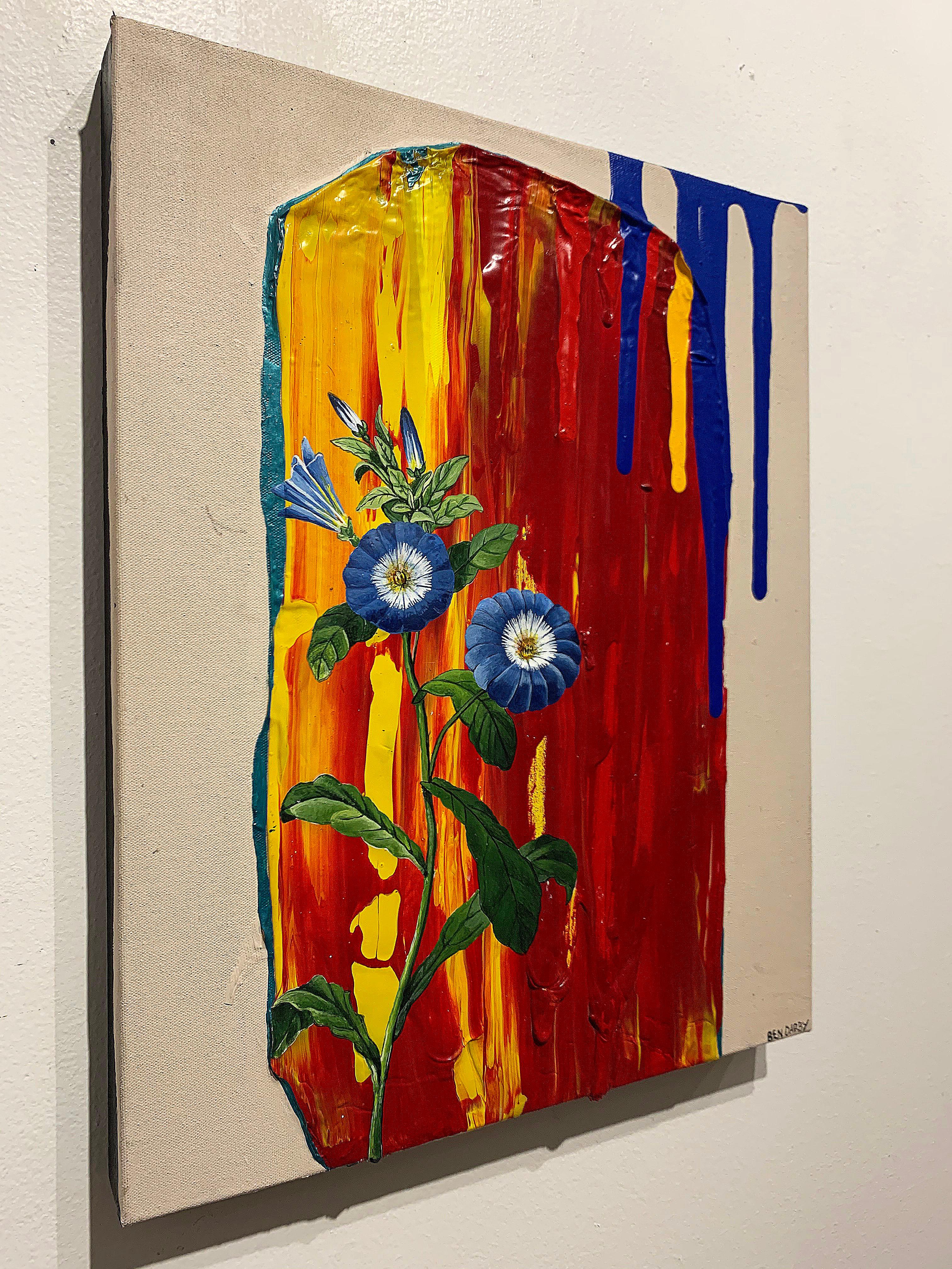 Untitled, acrylic on canvas, blue flowers, texture, red, blue, yellow - Brown Abstract Painting by Ben Darby