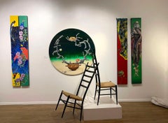 Ikebana (nestled), acrylic on canvas, raised texture, green, tan, rabbit