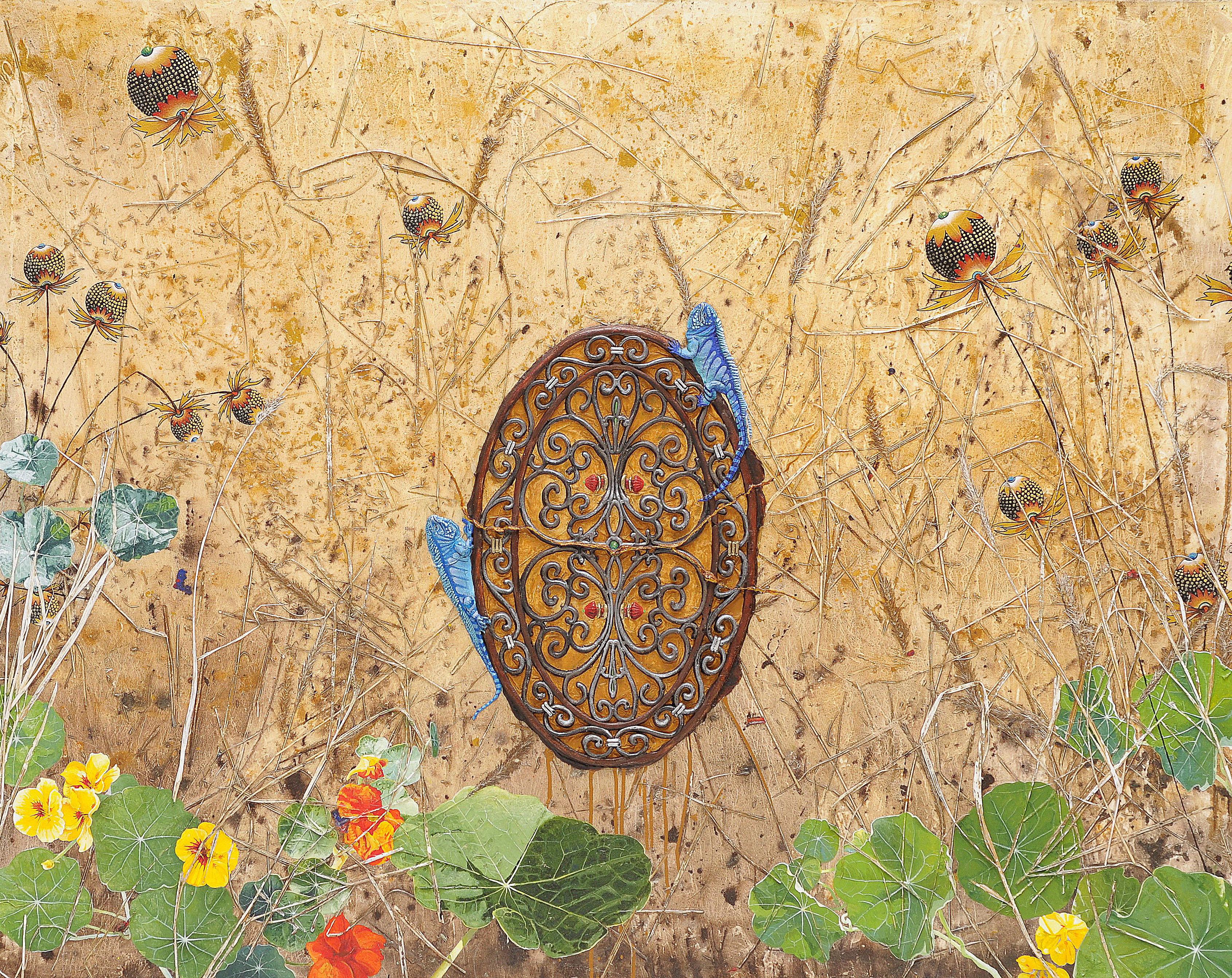 Dinner Date, acrylic painting depicting blue lizards, nasturtium, dry grass