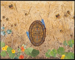 Appuntamento a cena, dipinto in acrilico raffigurante lucertole blu, nasturzio, erba secca