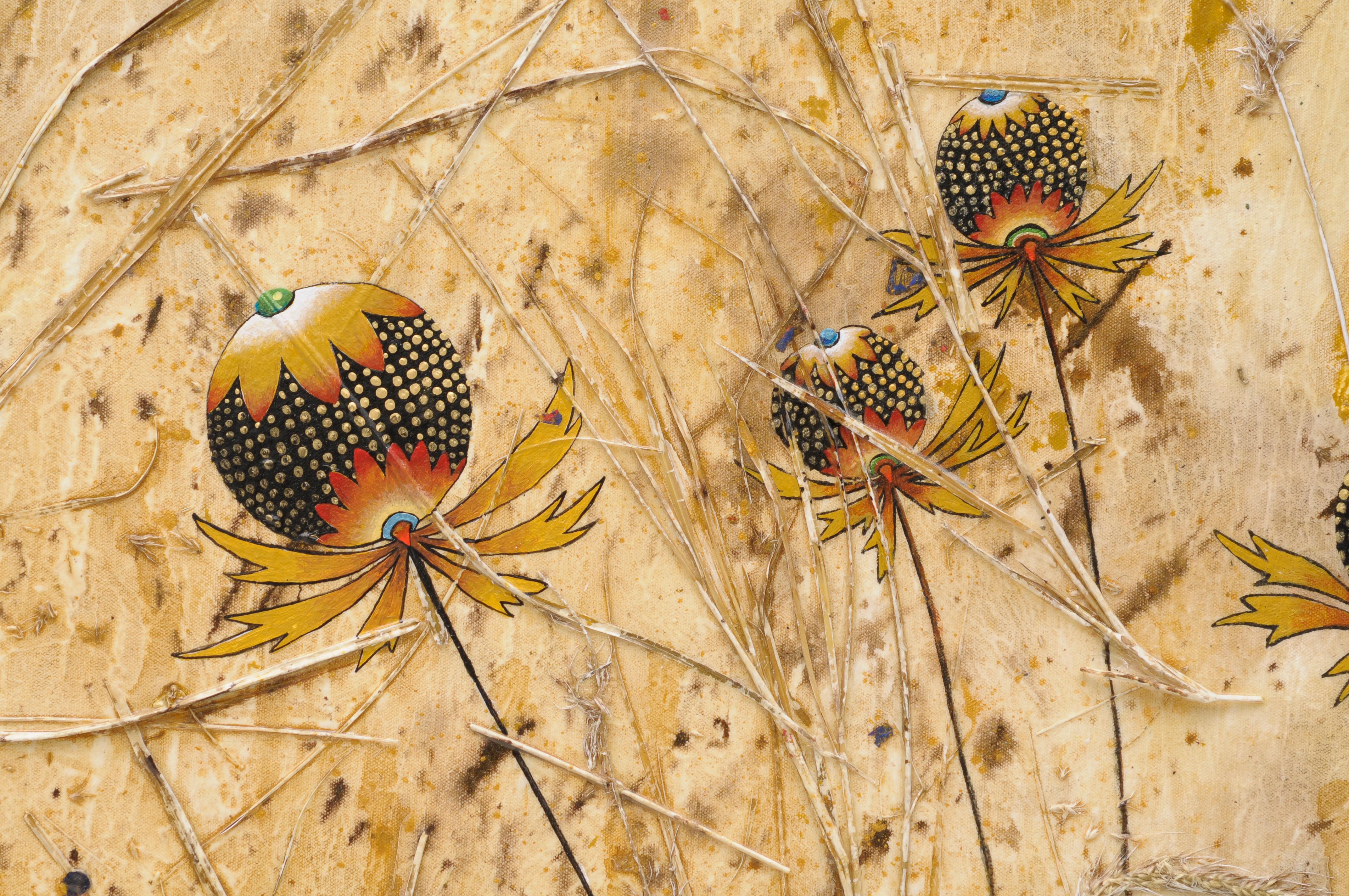 Dinner Date, acrylic painting depicting blue lizards, nasturtium, dry grass - Contemporary Mixed Media Art by Ben Darby