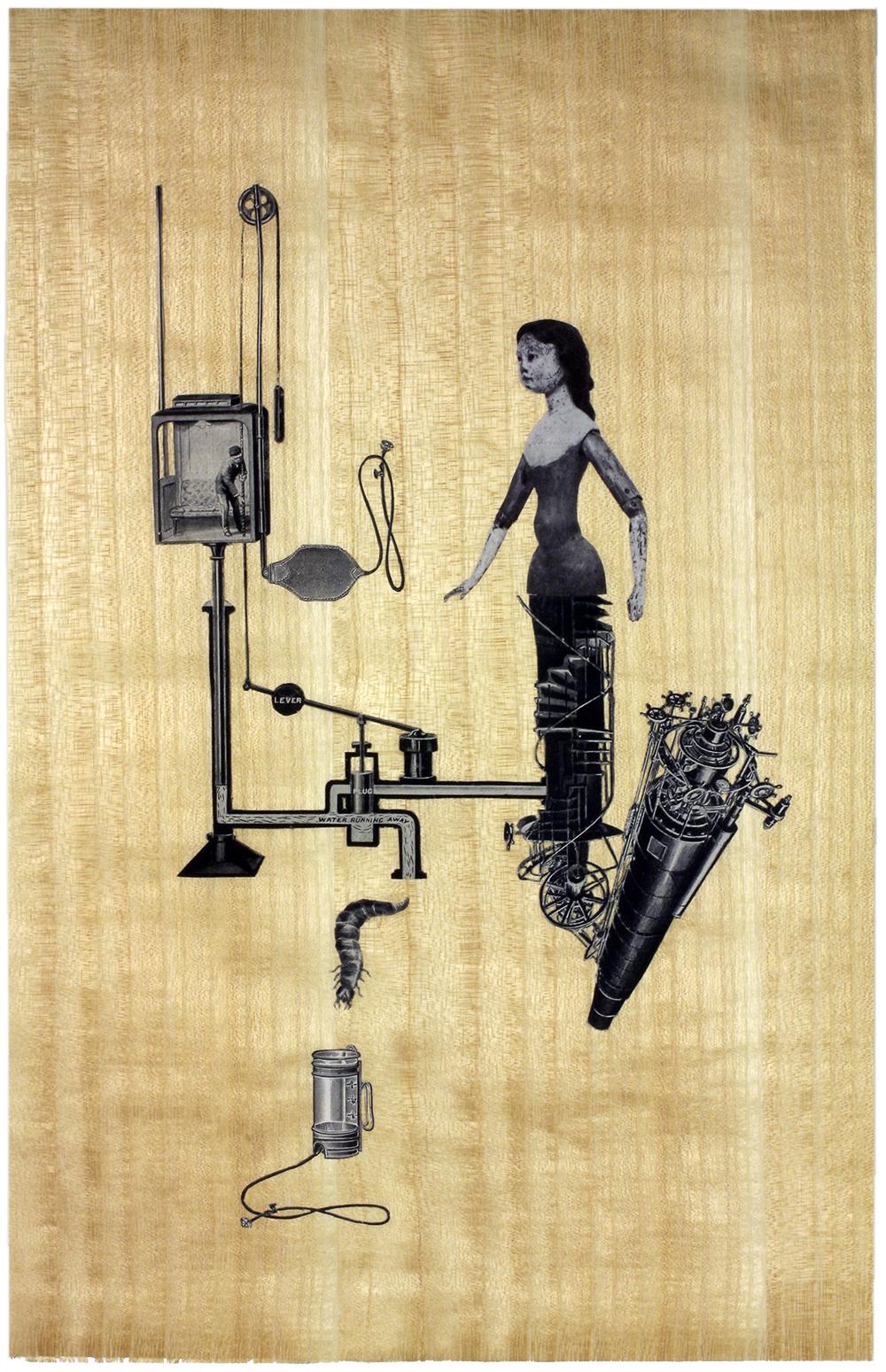 Catherine Heard Figurative Art - Automata-Mother of Invention, Unique collage on gold leaf