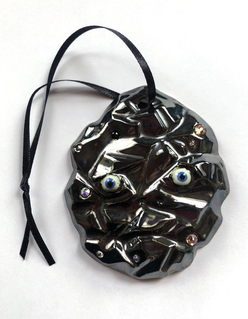 Catherine Heard Figurative Sculpture – "lump of coal" , glazed ceramic sculpture ornament with Swaroski crystals