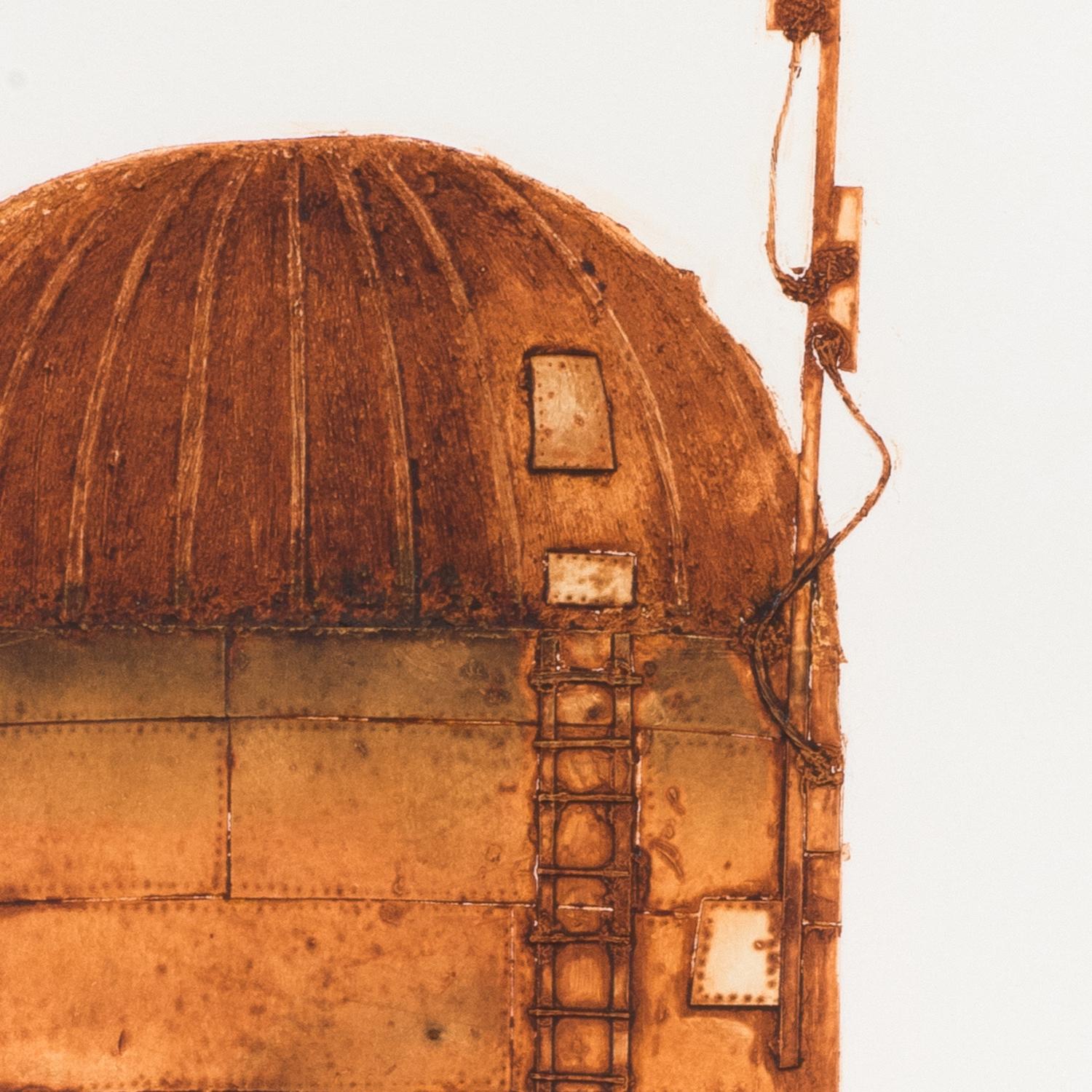 FeO(OH), Silo, 2017 collagraph print, variable edition, framed and unframed

Rust is both an indicator of decay and the passage of time.  While rusted out objects often represent a failed glory or state of neglect, they also present an inherent