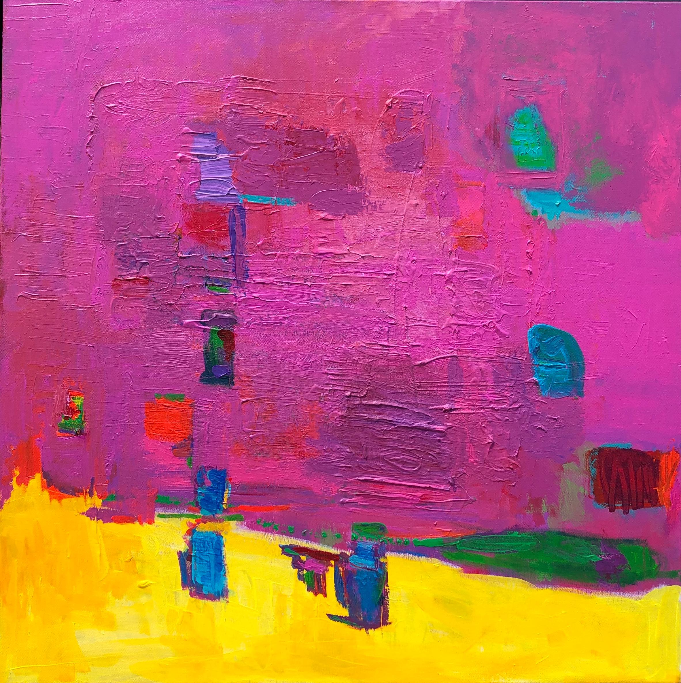 John Blee Abstract Painting - "Orchard Chance"  Bright pink color abstract painting w/ painterly brushstrokes