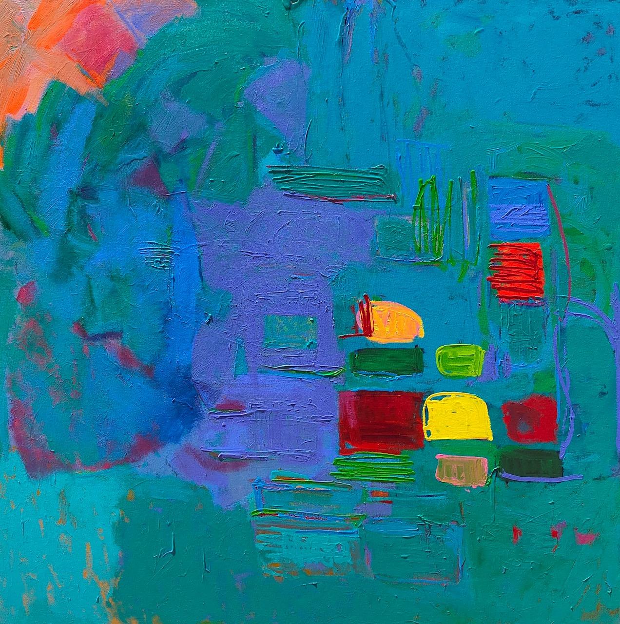 John Blee Abstract Painting - "Vergier D'Aix" Large square abstract aqua painting with lush brushstrokes