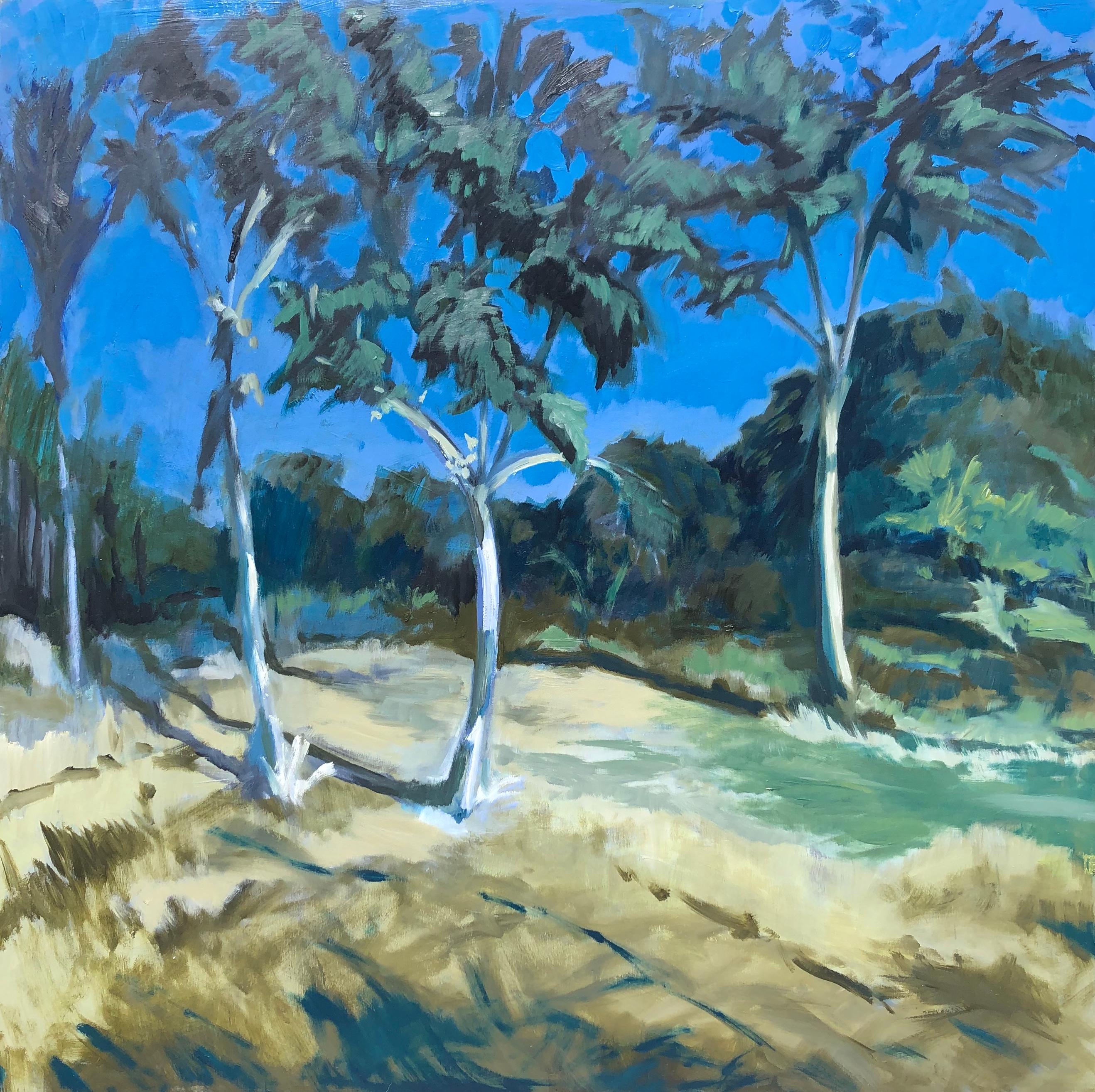 Patrick Bermingham Landscape Painting - "Full Moon in the Clearing" Night painting with trees in the blue moonlight