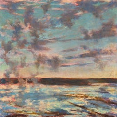 "Shifting Wind" Colorful small atmospheric blue painting of the sea and sky