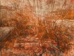 "Untitled - Tree Series" Sienna and orange textured surface with ghost  images