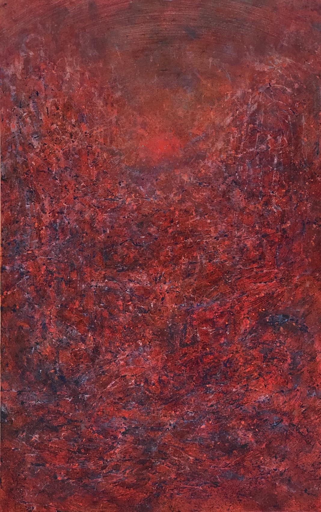 Augustus Cross Abstract Painting - "Untitled - Red, from the Storm Series" Red textured painting with distant sun